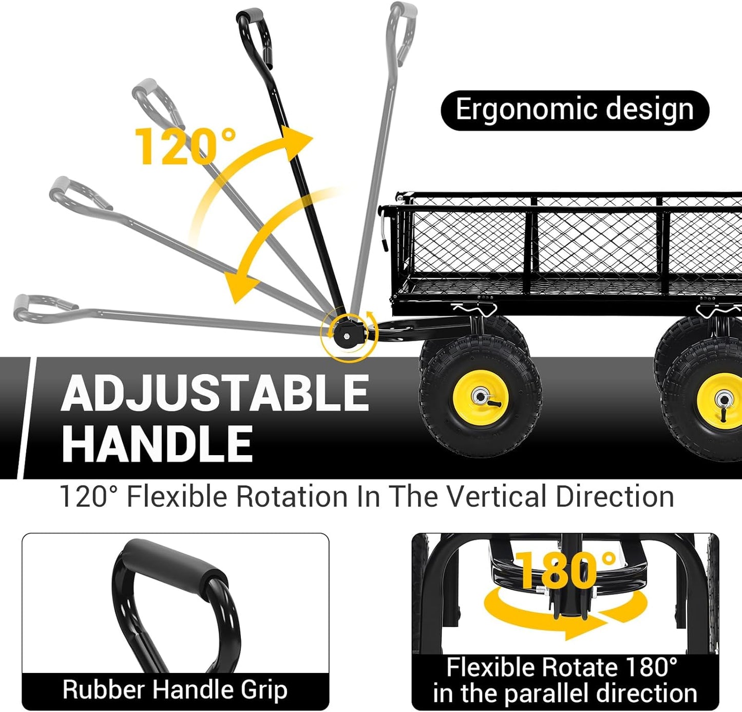 Heavy Duty Steel Garden Cart, 880LBS Pullable Metal Garden Wagon with 10" Wheels, 180° Rotating Handle and Removable Sides for Outdoor, Farm, Yard, Beach ﻿