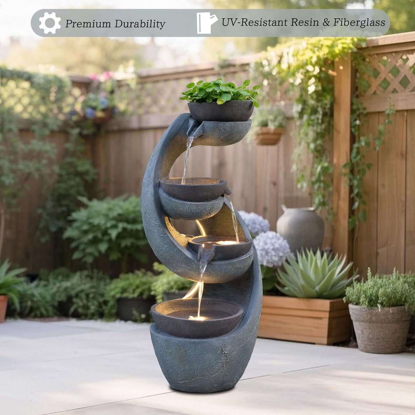 Outdoor Waterfall Fountain with LED Lights and Pump for Garden, Patio, Yard - 43.7 Inch UV-Resistant Freestanding Water Feature