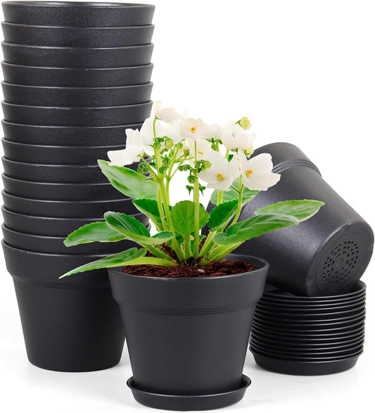 6 inch Nursery Pots, 16 Pack Plastic Plant Pots for Indoor Outdoor Plants, Flower Pots with Drainage Holes and Saucers, Decorative Seedling Starter Planters for House Plants, Black