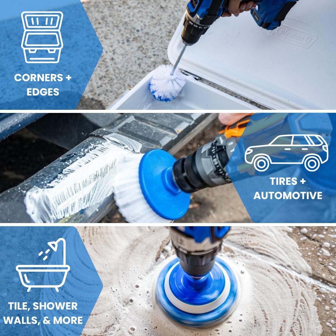 9 Pack Multi-Purpose Home Cleaning Accessory Drill Kit, Bathroom Scrub Pads, Extended Reach Round Brush Attachment Set