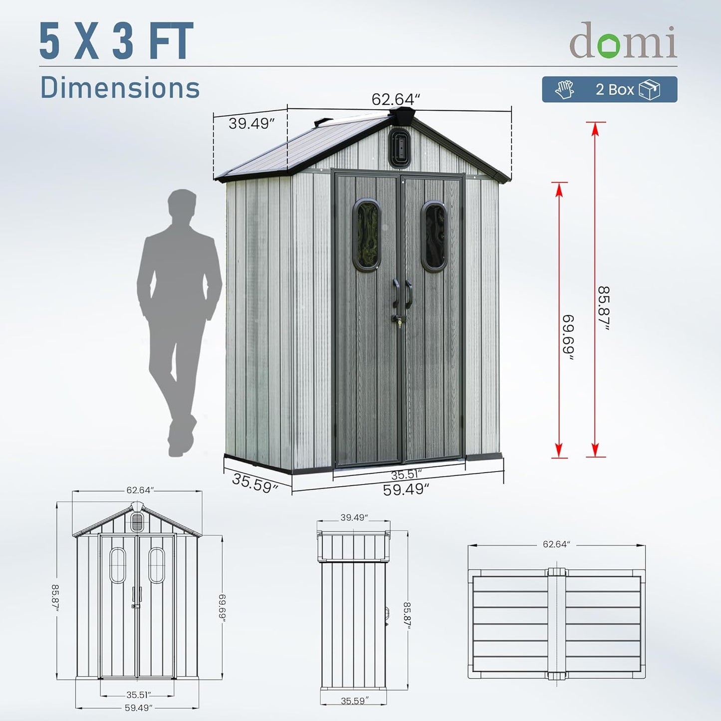 Domi 5x3 FT Outdoor Resin Storage Shed, All-Weather Double-Wall Storage Building for Backyard, Garden, Lawn Tools, Mower, Bike & Pool Equipment, Lockable Doors, Ventilated Roof, Grey