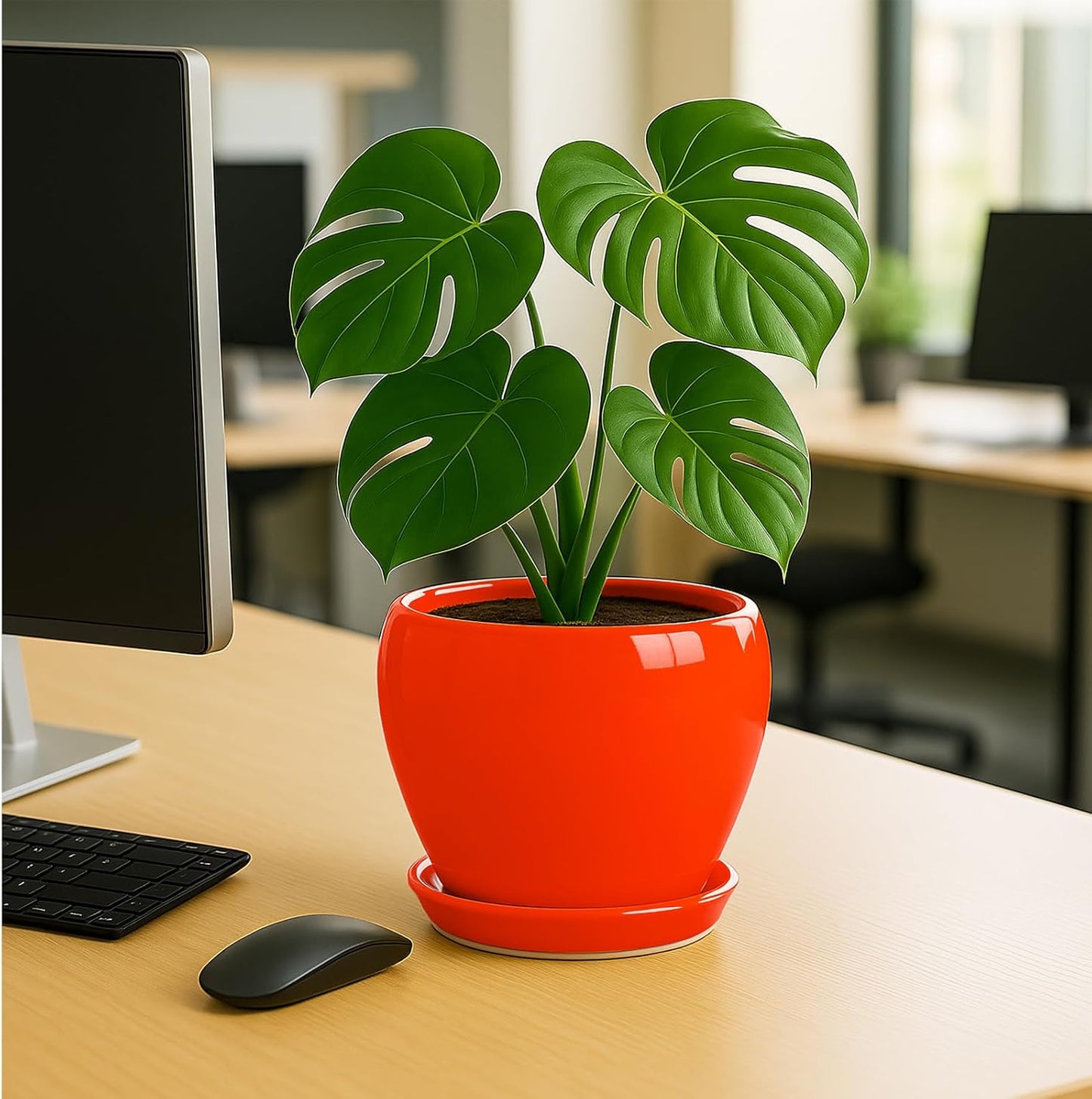 Deep Dream 8 Inch Plant Pots- Ceramic Pots for Plants with Drainage Hole and Saucer, Large Planter Pot for Indoor Plants Outdoor Decor, Red