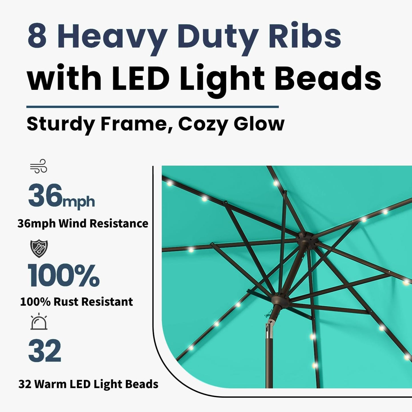 10FT Solar Umbrella 32 LED Lighted Patio Umbrella Table Market Umbrella w/Tilt and Crank, UV-Resistant Outdoor Umbrella for Pool, Garden, Deck, Turquoise Blue