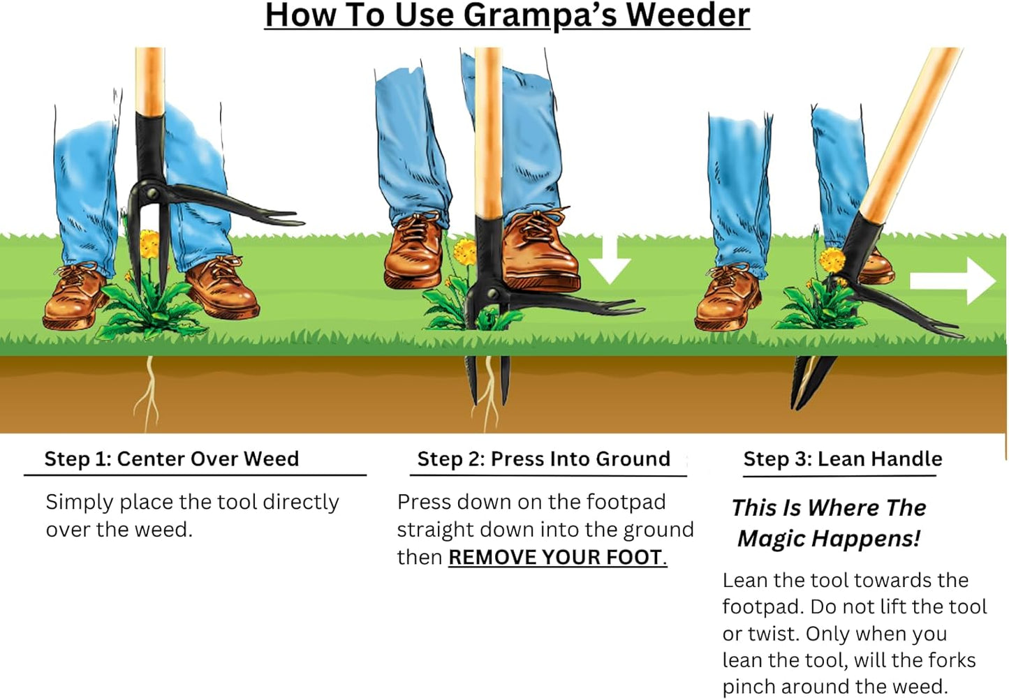Grampa's Weeder - The Original Stand Up Weed Puller Tool with Long Handle - Made with Real Bamboo & 4-Claw Steel Head Design - Easily Remove Weeds Without Bending, Pulling, or Kneeling.