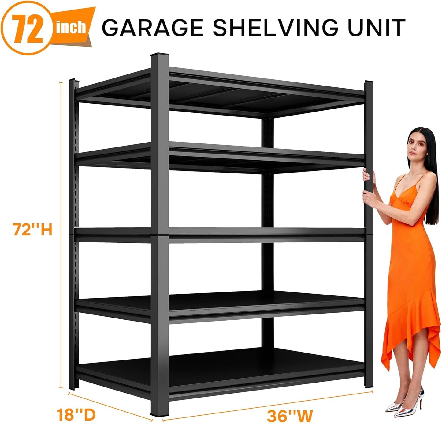 72''H Garage Shelving Heavy Duty Garage Storage Shelves, 3000 LBS Adjustable 5 Tier Industrial Shelving Unit, Metal Utility Shelf for Basement, Warehouse and Workshop (72''Hx36''Wx18''D, Black)