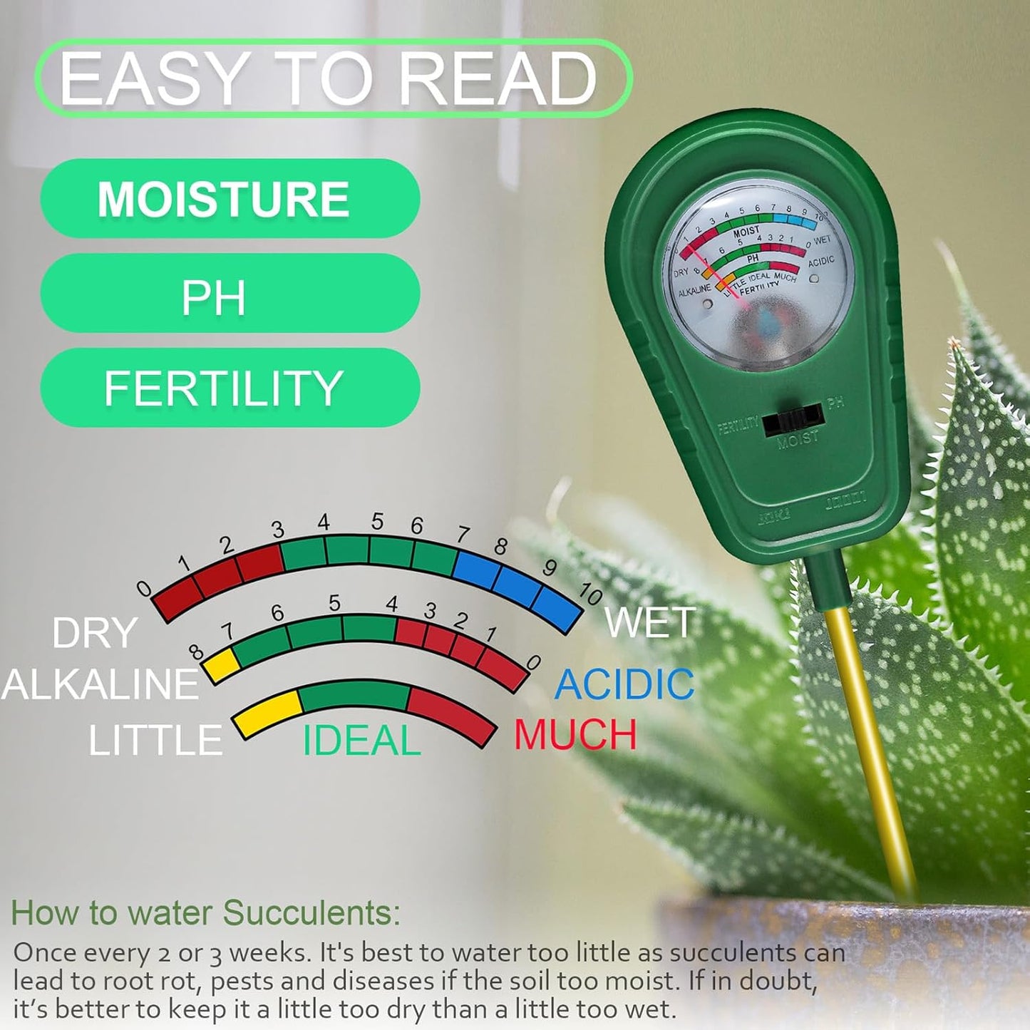 3-in-1 Soil Test Kit, Soil Moisture Meter/Soil ph Meter/Fertility Soil Tester, Soil Hygrometer for Garden, Farm, Plant, Outdoor, Indoor, Lawn Care Moisture Meter for Hous Plants (No Battery Needed)