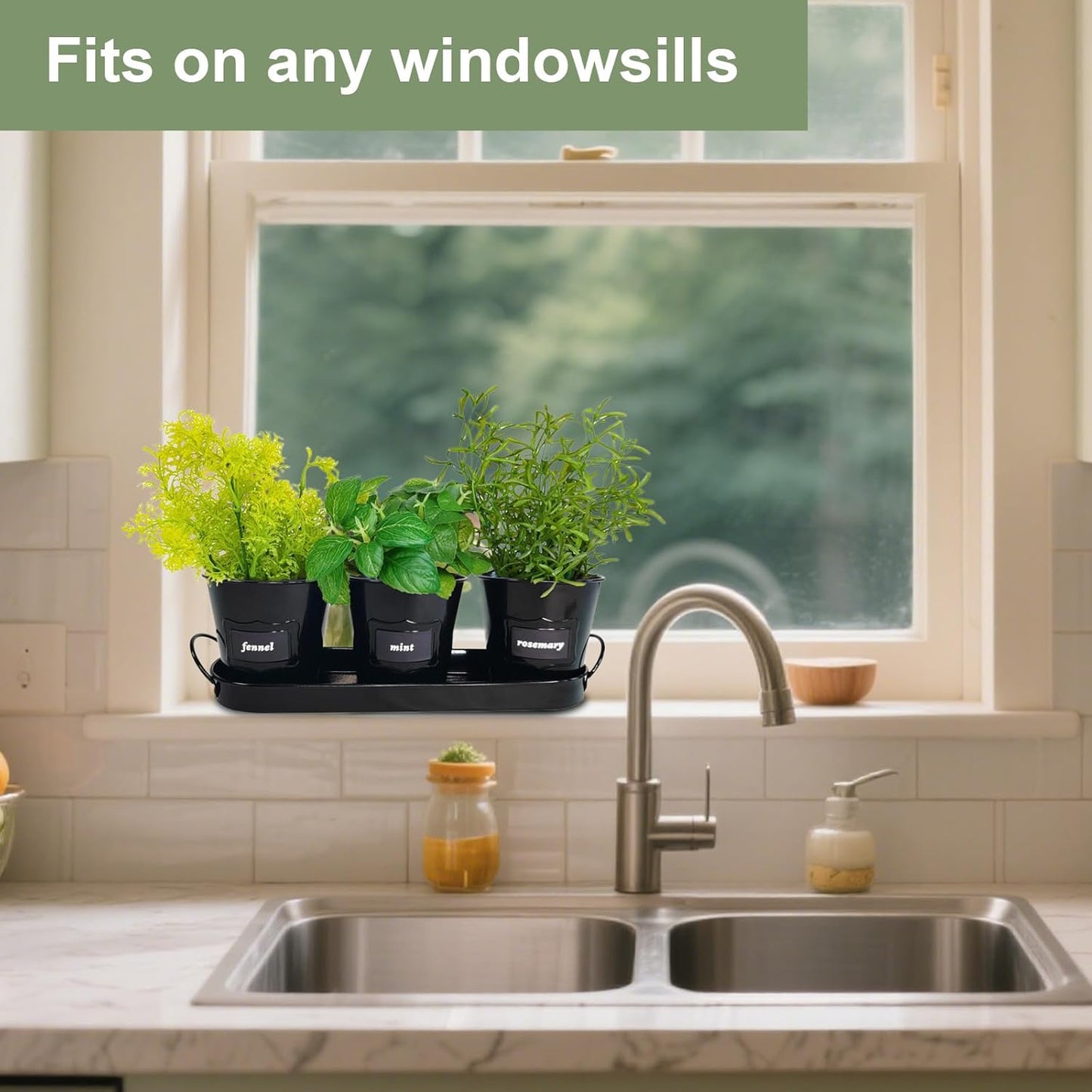 4" Herb Garden Planter Kit, Indoor Herb Planters with Tray, Set of 3 Metal Windowsill Pots for Flower Plants with Drainage Hole, Customizable Labels & Marker Pen, Black