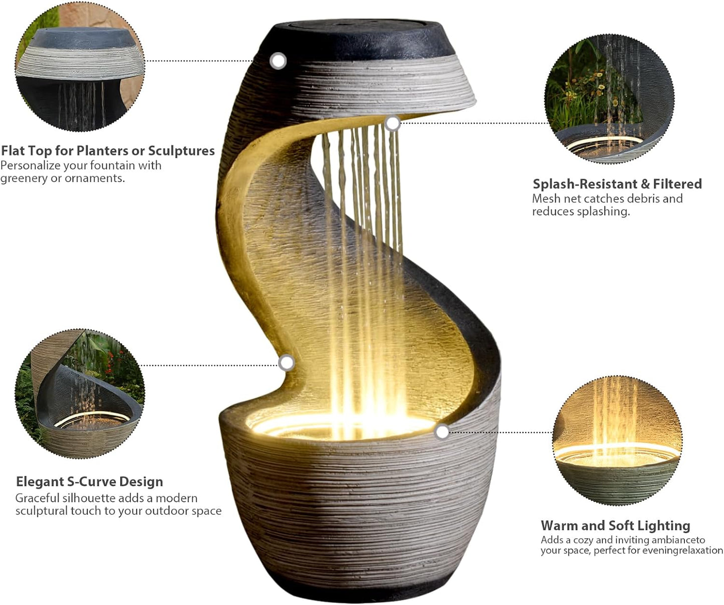 37" Tall S-Shaped Outdoor Waterfall Fountain – Rainfall Water Fountain for Garden, Patio or Backyard Decor, Floor-Standing Resin Garden Fountains Outdoor Water Feature with Flat Top for Plant Display