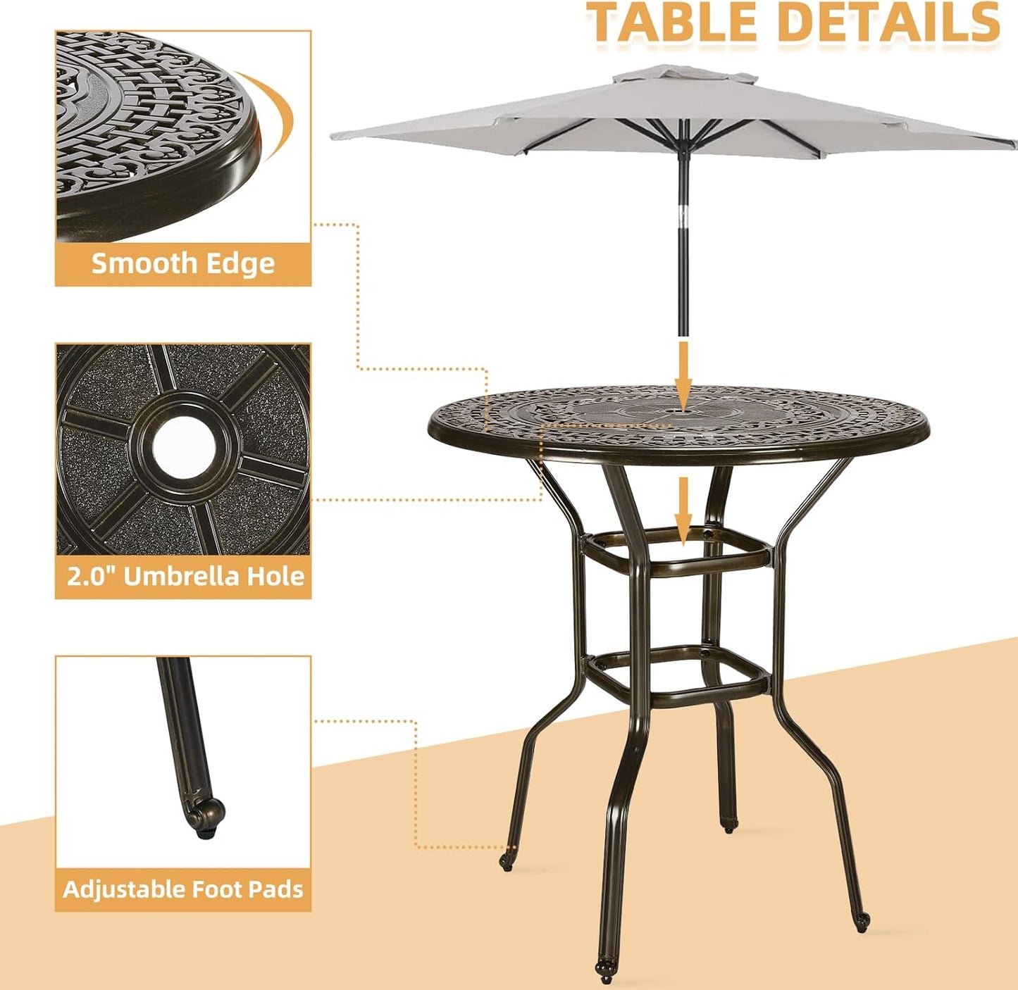 3 Pieces Patio Swivel Bar Set, Patio High Top Bar Table and Chairs Set, All-Weather Cast Aluminum High Swivel Bar Stools Chair Set of 2 and 38.5" Table, Patio Bistro Set for Garden,Balcony