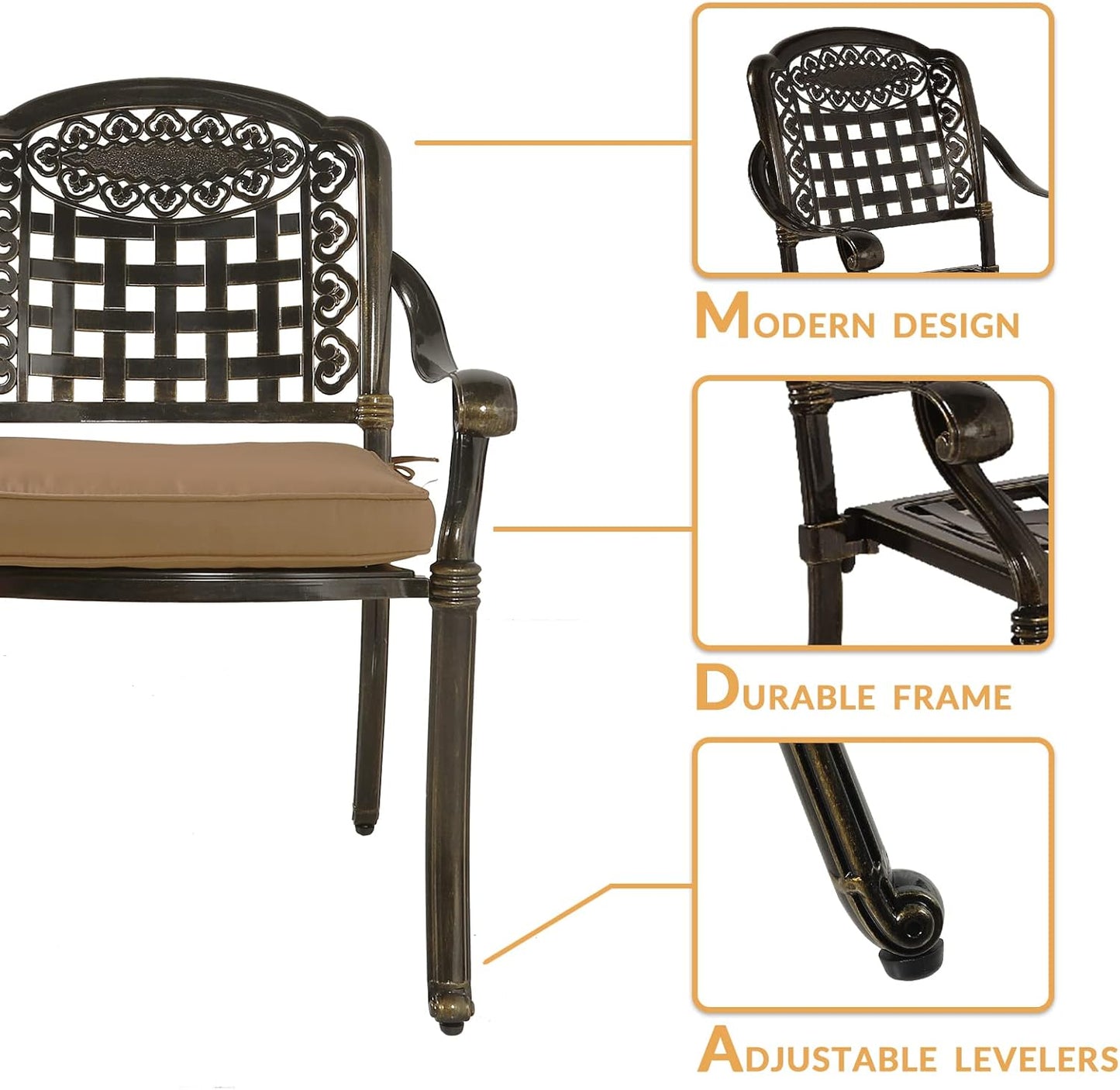 3-Piece Outdoor Patio Dining Set, All-Weather Cast Aluminum Patio Furniture Set for Backyard Garden Deck with 2 Cushioned Chairs and 35.4” Round Table, 2" Umbrella Hole