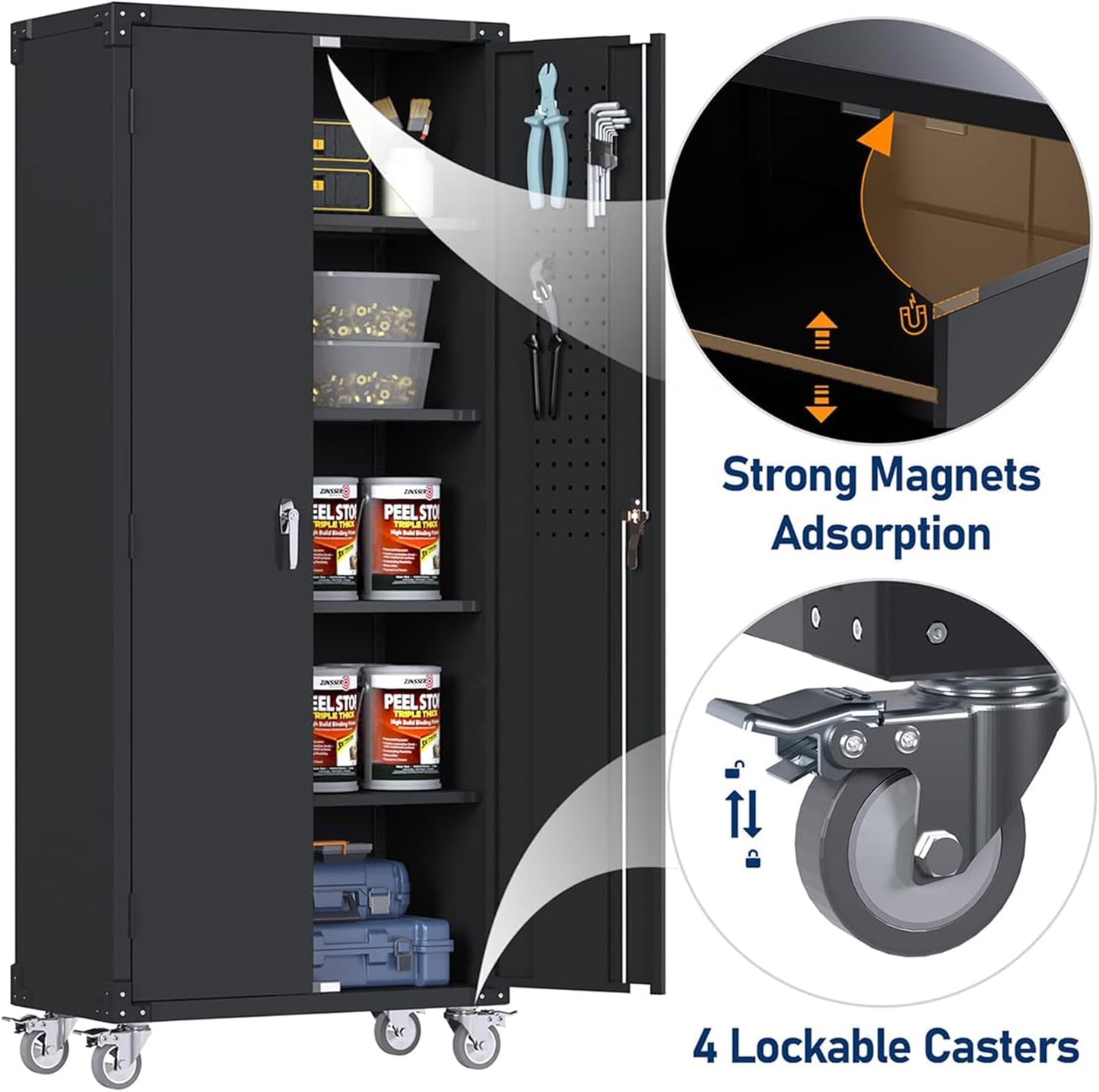 Garage Storage Cabinet with Wheels & Pegboard, 72" H Locking Metal Storage Cabinet with Doors and 4 Adjustable Shelves for Garage Workshop Home, Assembly Required, Black