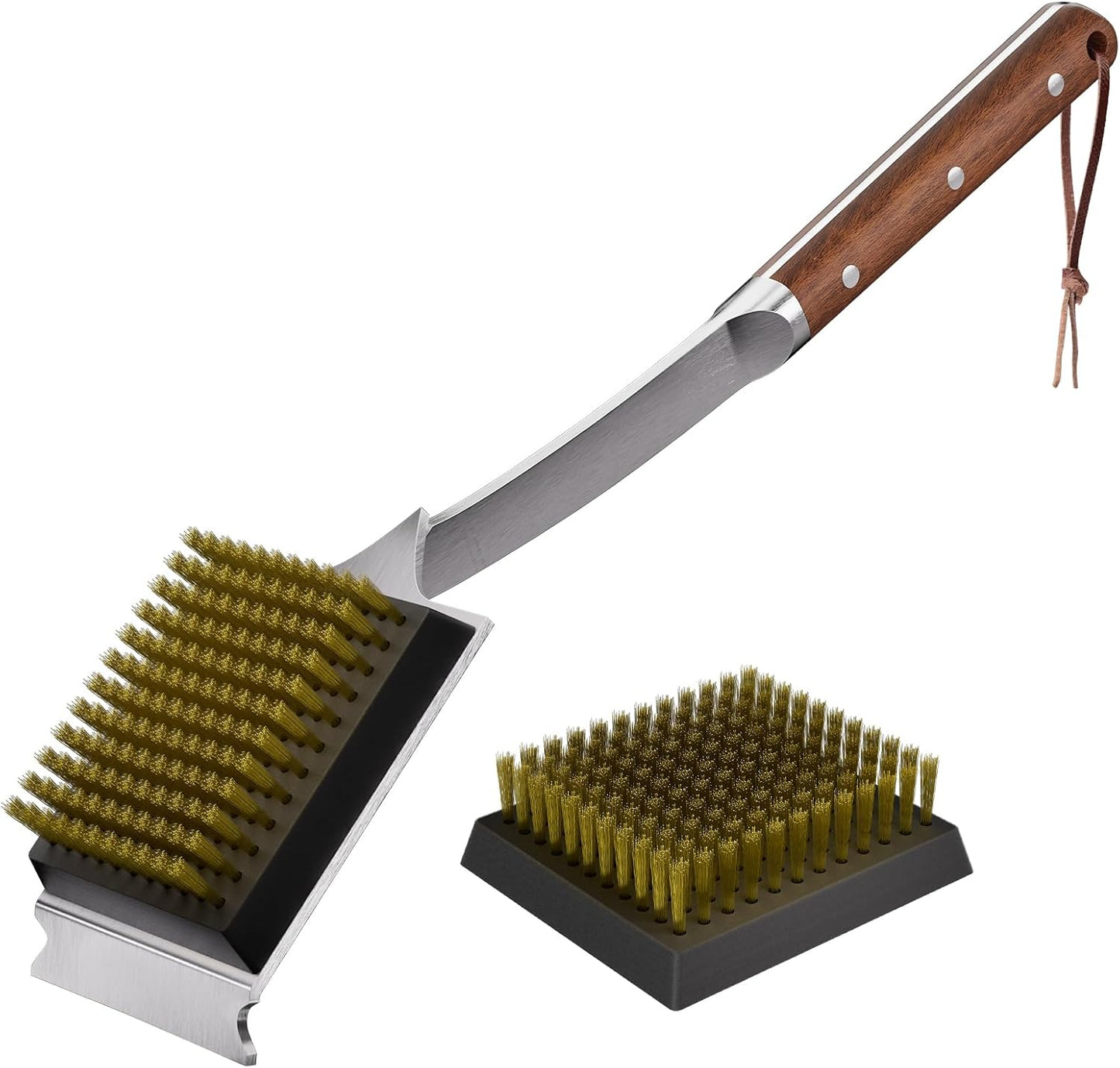ENLOY Grill Brush and Scraper for Barbecue, 17" Grill Brush for Outdoor Grill, Extended Rosewood Handle and 2 Replaceable Copper Wire Brush Heads, Grill Cleaning Brush Grill Accessories for Most Grill