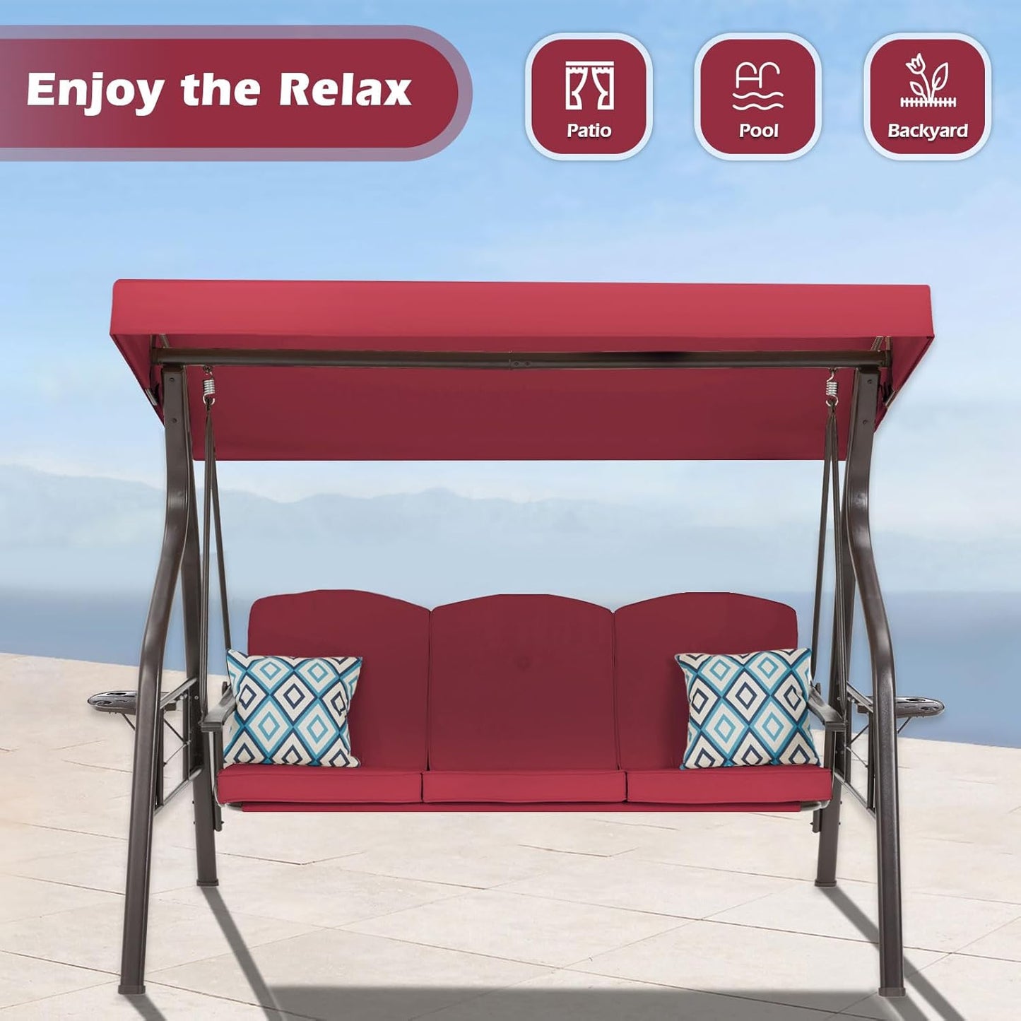 3-Seat Outdoor Porch Swing with Stand, Patio Swing with Canopy, 2 in 1 Porch Swing Bed & Patio Swing Chair for Adult w/Extra Pillows and Cup Holder for Yard (Wine Red)