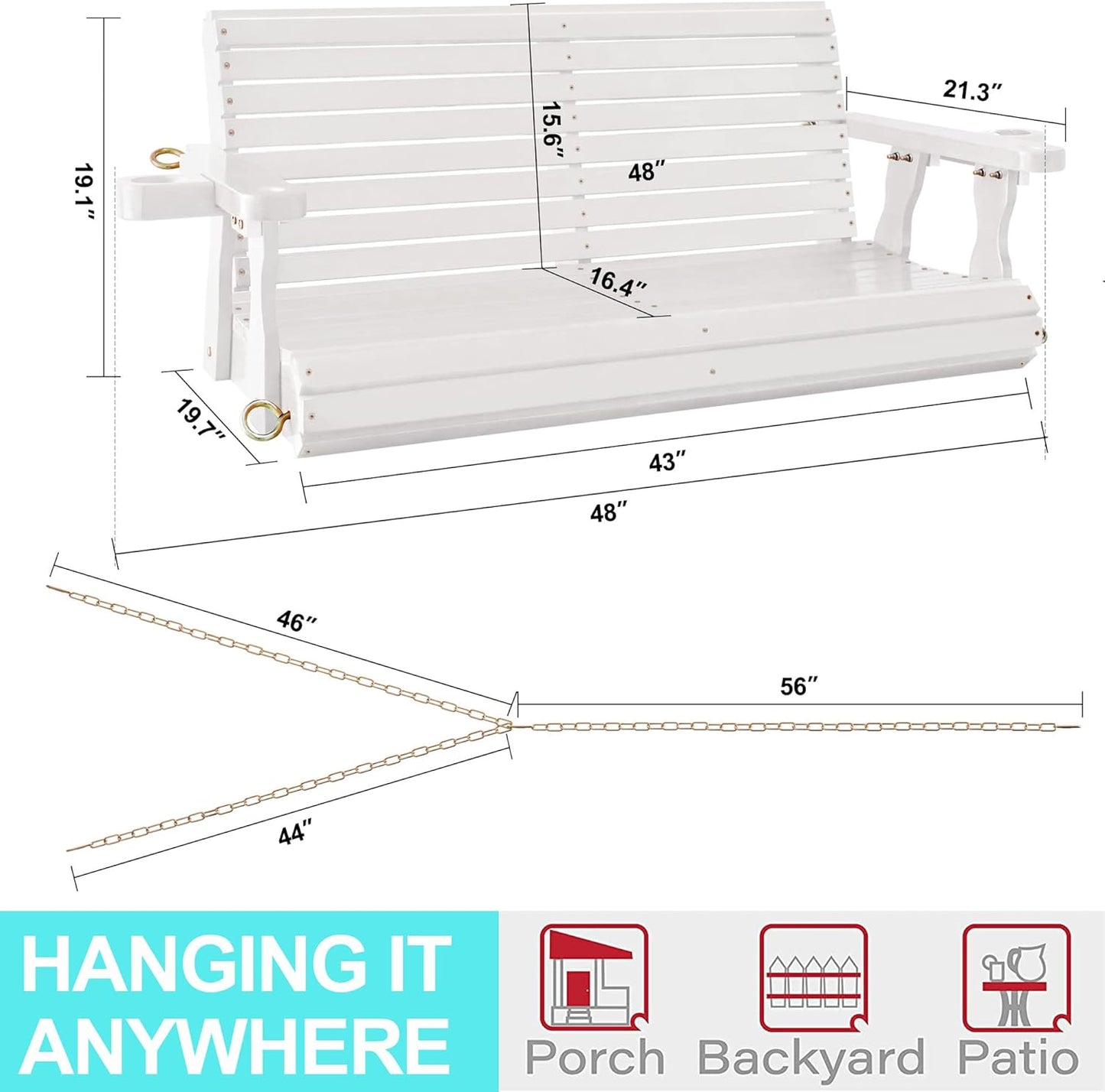4FT Wooden Porch Swing w/Cupholders,Heavy Duty 800LBS Outdoor Swing Bench w/Chains,Patio Roll Back Swing Chair Bench,Front Porch 2-Person Hanging Bench,for Garden Courtyard Lawn & Balcony