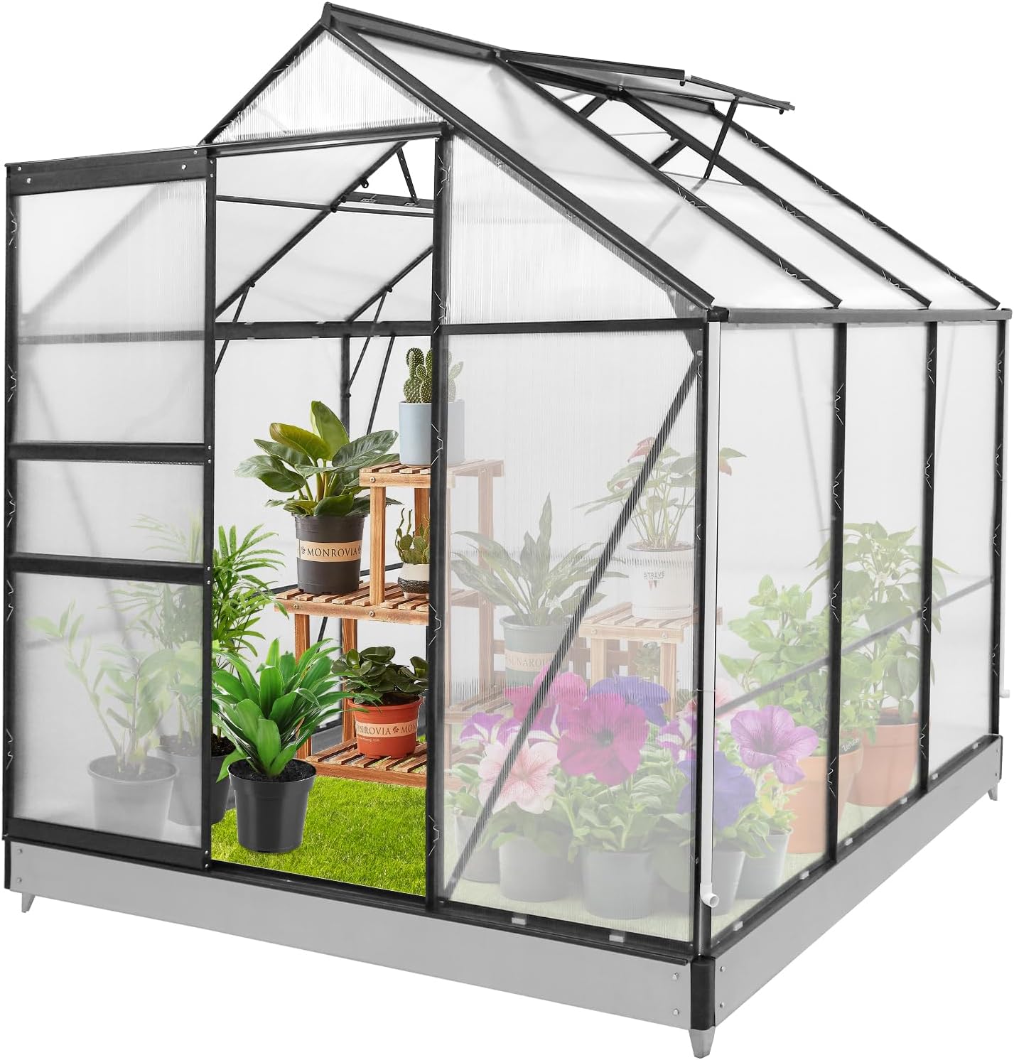 EAGLE PEAK 6x6x7 Outdoor Walk-in Hobby Greenhouse with Adjustable Roof Vent and Rain Gutter, Base and Anchor, Polycarbonate Aluminum Green House for Backyard Garden, Gray