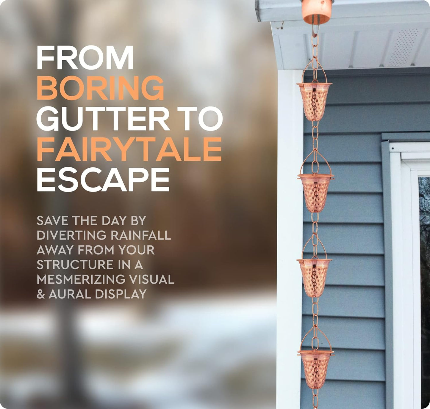 Copper Hammered Rain Chain – Decorative Chimes & Cups Replace Gutter Downspout & Divert Water Away from Home for Stunning Fountain Display – 3’ Long for Universal Fit – Bell Style