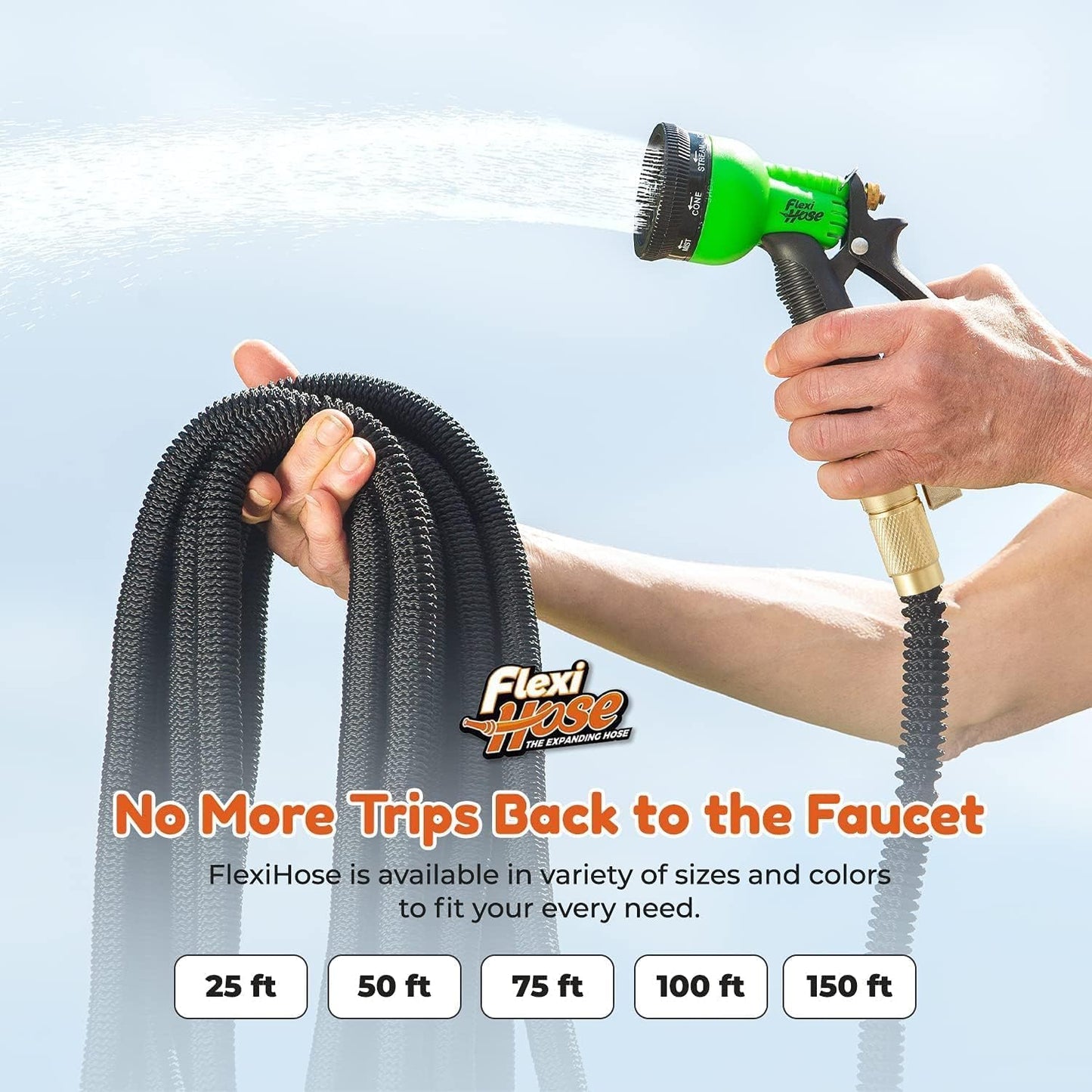 Flexi Hose with 8 Function Nozzle, 100FT - Lightweight Expandable Garden Hose, No-Kink Flexibility, 3/4 Inch Solid Brass Fittings and Double Latex Core