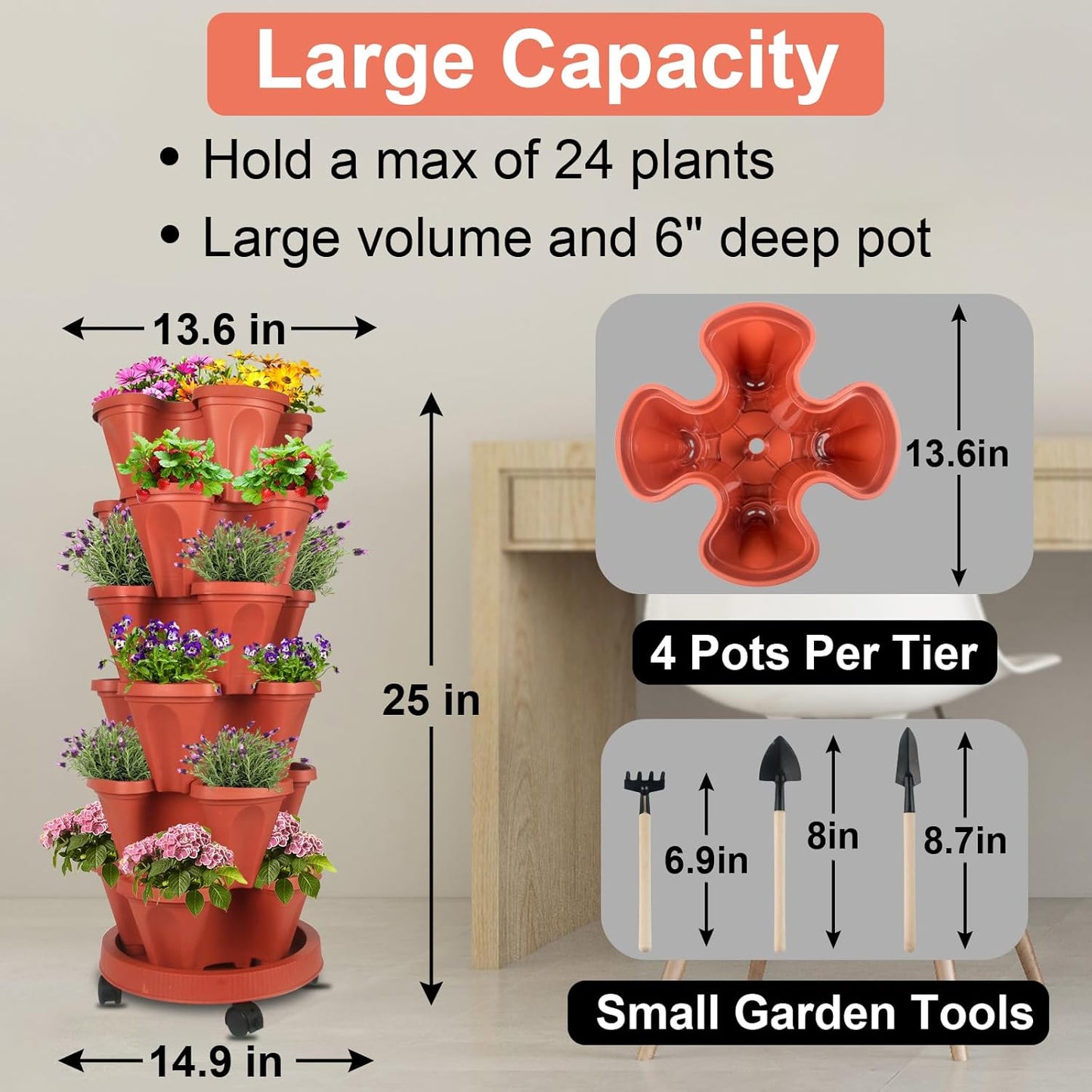 DUNCHATY Stackable Planters 6 Tier Vertical Garden Planting Tower Planters Strawberry, Herb, Flower, and Vegetable Planter Indoor Outdoor Gardening Pots with Removable Wheels and Tools