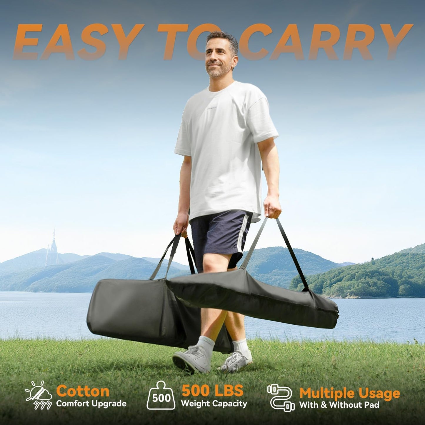 2 Person Outdoor Hammock with Stand, Cotton Rope Hammock with Polyester Pad, Adjustable Steel Frame, Portable with Carrying Bag – for Patio, Backyard, Garden, Beach, Cloud-Gray