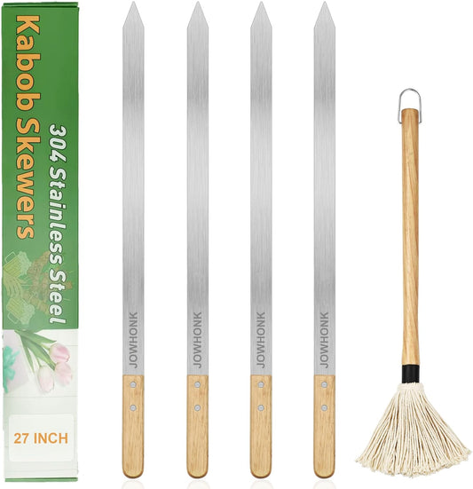 27" 304 Stainless Steel Skewers for Grilling,1 Inch Wide Extra Large Skewers for Kabobs with Wooden Handle,Metal Flat Barbecue Skewer Make Koobideh Brazilian-BBQ Skewer(4),BBQ Mop Brush(1)