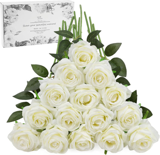White Fake Roses Artificial Flowers - 16 Pcs Fake Artificial Roses Silk Flowers with Stems for Home Wedding Hotel Office Centerpiece Decor