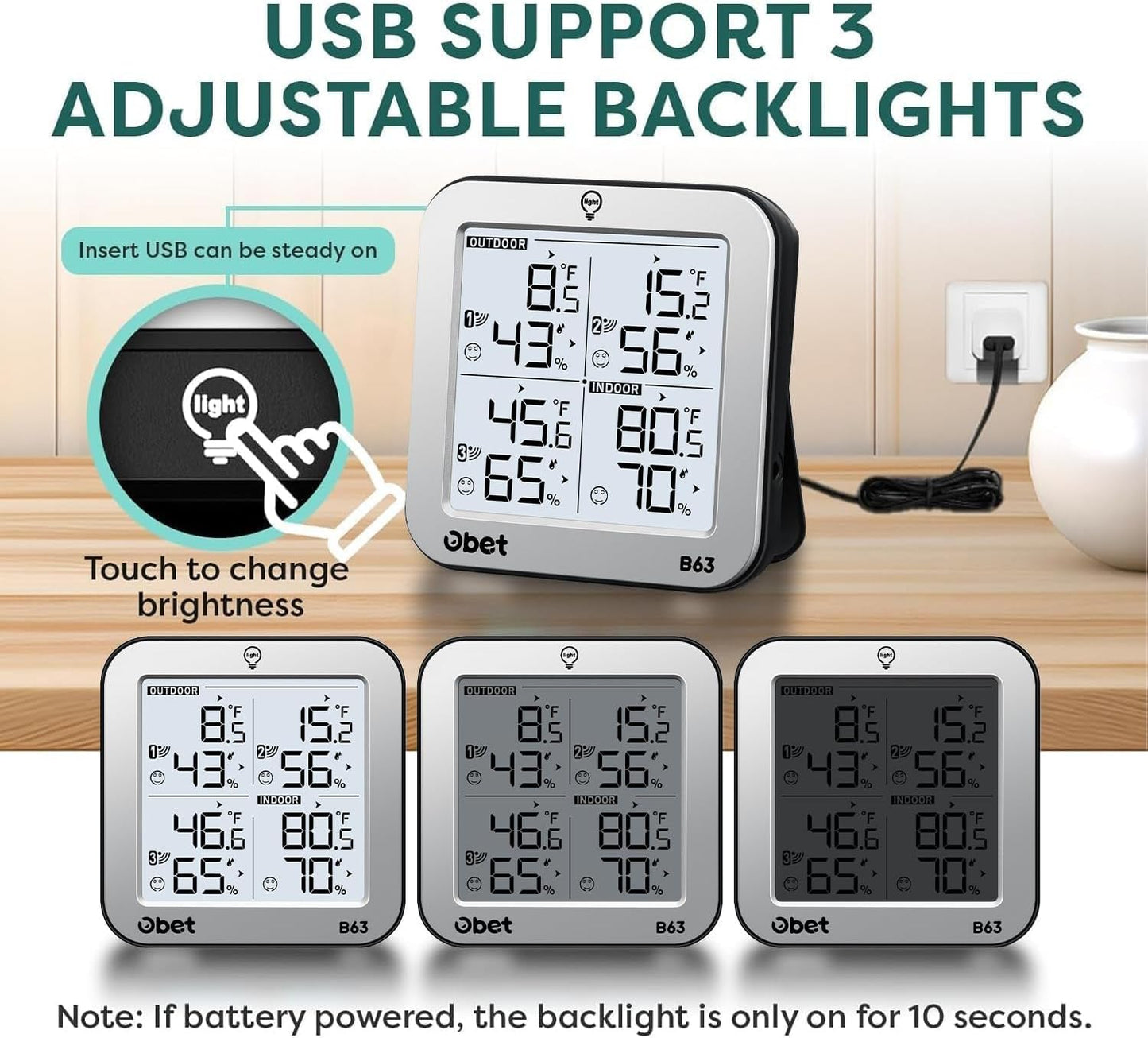 OBET Indoor Outdoor Thermometer Wireless with 3 Sensors Weather Station Temperature Humidity Monitor 500ft Range and Adjustable Backlight and Min Max Data Silver