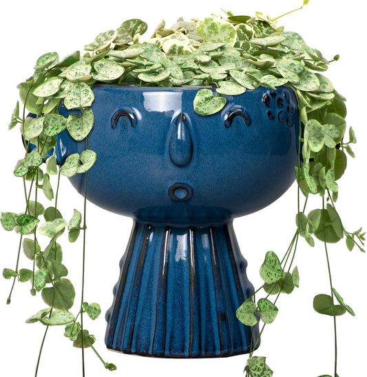Head Planter Pot - 7 Inch Cute Face Planter for Indoor Outdoor Plants Ceramic Succulent Pot Round Flower Pot Present for Mother Christmas with Drainage Hole Blue