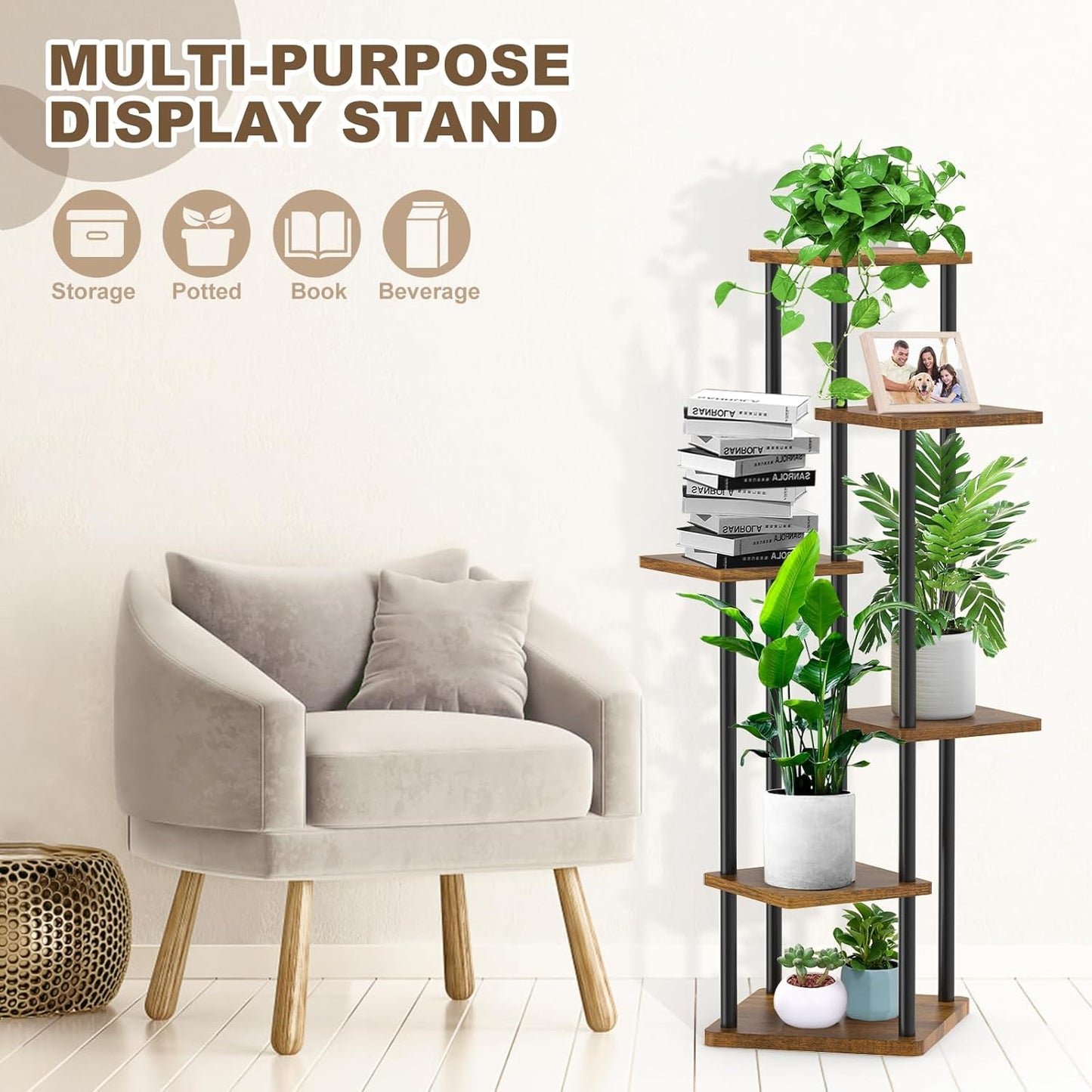 6 Tier Wood Tall Plant Stand Metal Rack Indoor, Multiple Flower Pot Holder Shelves Corner Rack, Planter Shelf Display Rack Storage Organizer for Patio Living Room Balcony Garden(Black)