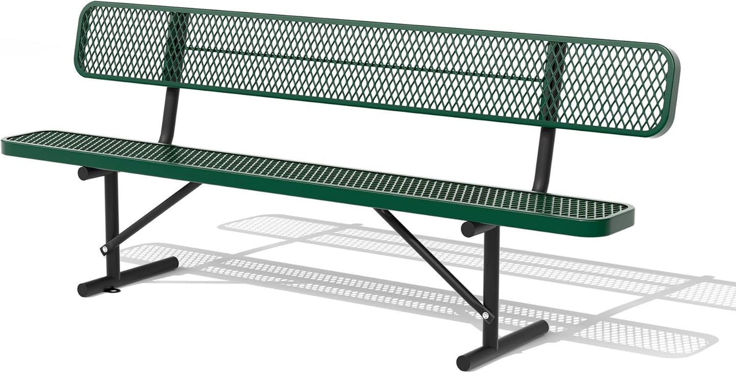 8 Feet Heavy Duty Metal Park Bench for Outside, Outdoor Bench with Backrest & Portable Frame, Commercial Benches for Shopping Malls, Stores, Parks, Patios, Decks, Green