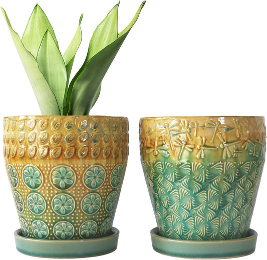 6 Inch Ceramic Planter with Drainage Hole and Saucer for Plants, Indoor-Outdoor Large Round Succulent Orchid Flower Pot, Set of 2