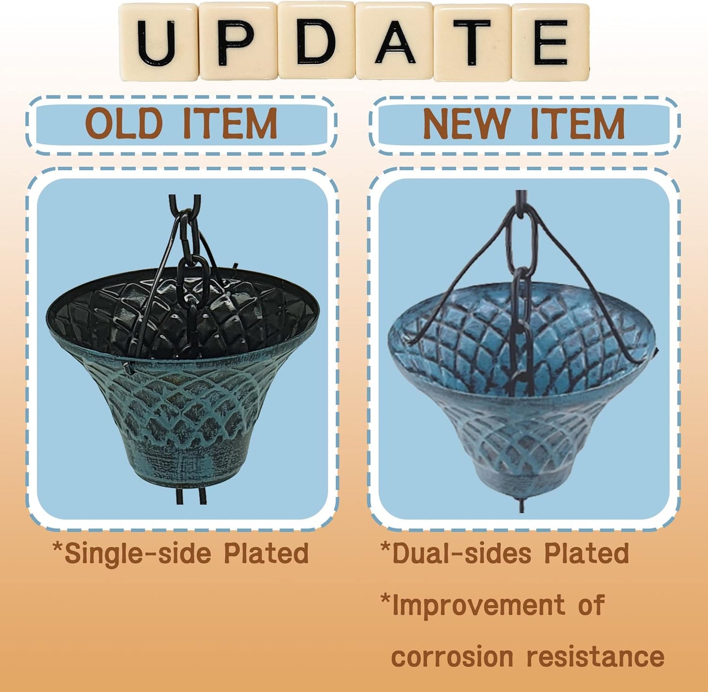 [Upgraded] 8.5FT Antique Sky Blue Colored Iron (Double-Sided) Rain Chains for Gutter and Rain Barrel, Rust-Resistant Plated Garden Décor Rain Chain for Downspout (not Included an Adapter)