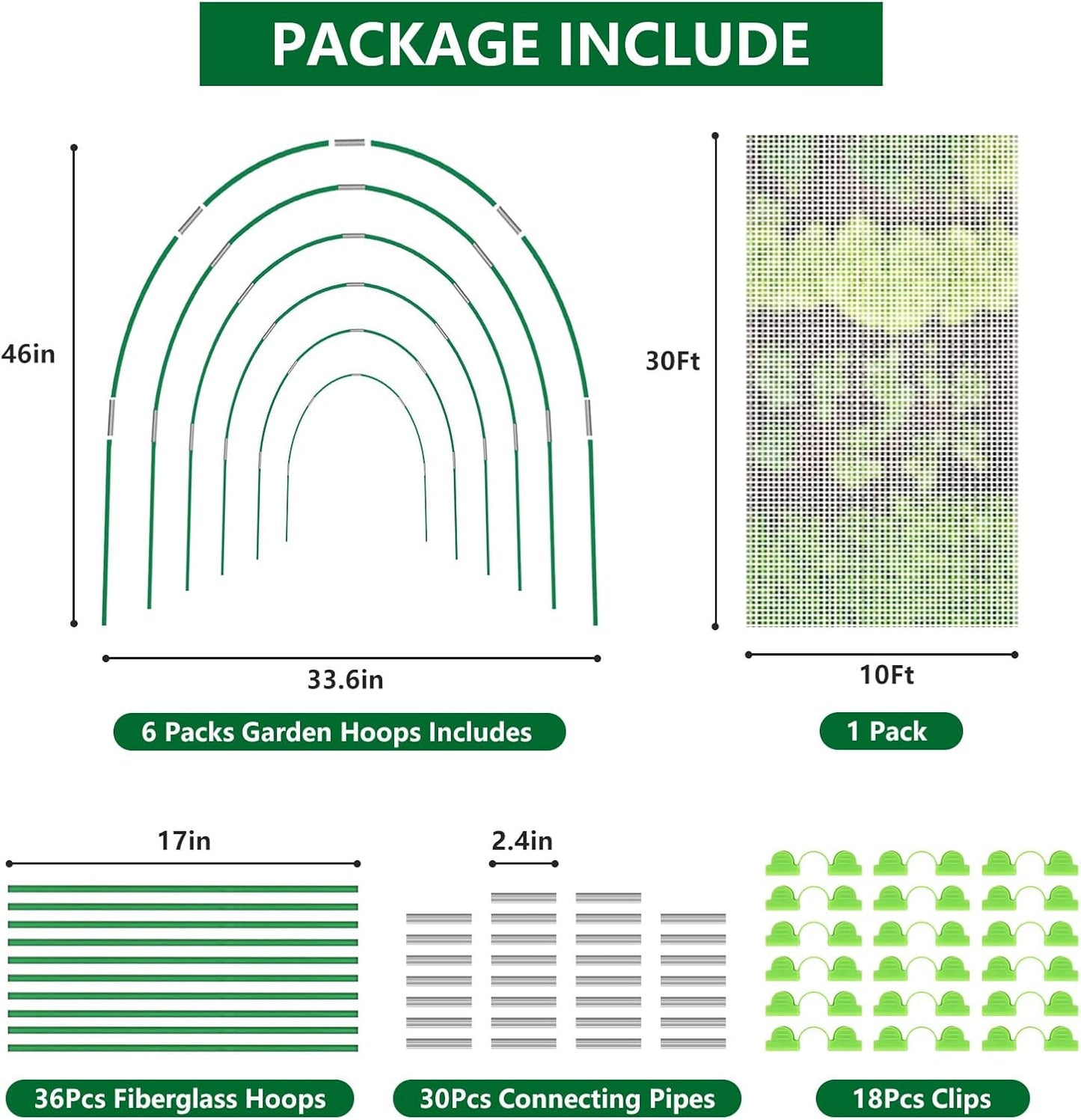 Garden Netting Kit for Raised Beds, 10x30FT Ultra Fine Mesh Netting＆ 6 Sets of 8FT Fiberglass Garden Hoops, Bird Barrier Protection Net Vegetable Plant Cover Fruit Flowers Row Cover