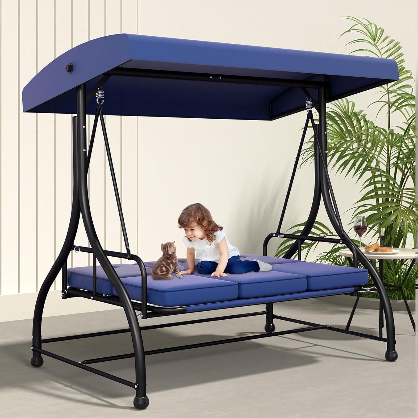 3-Seat Patio Swing Chair Outdoor Heavy Duty Steel Frame with Adjustable Canopy Removable Cushions - All Weather Porch Swings Glider for Backyard, Garden, Poolside - Navy Blue