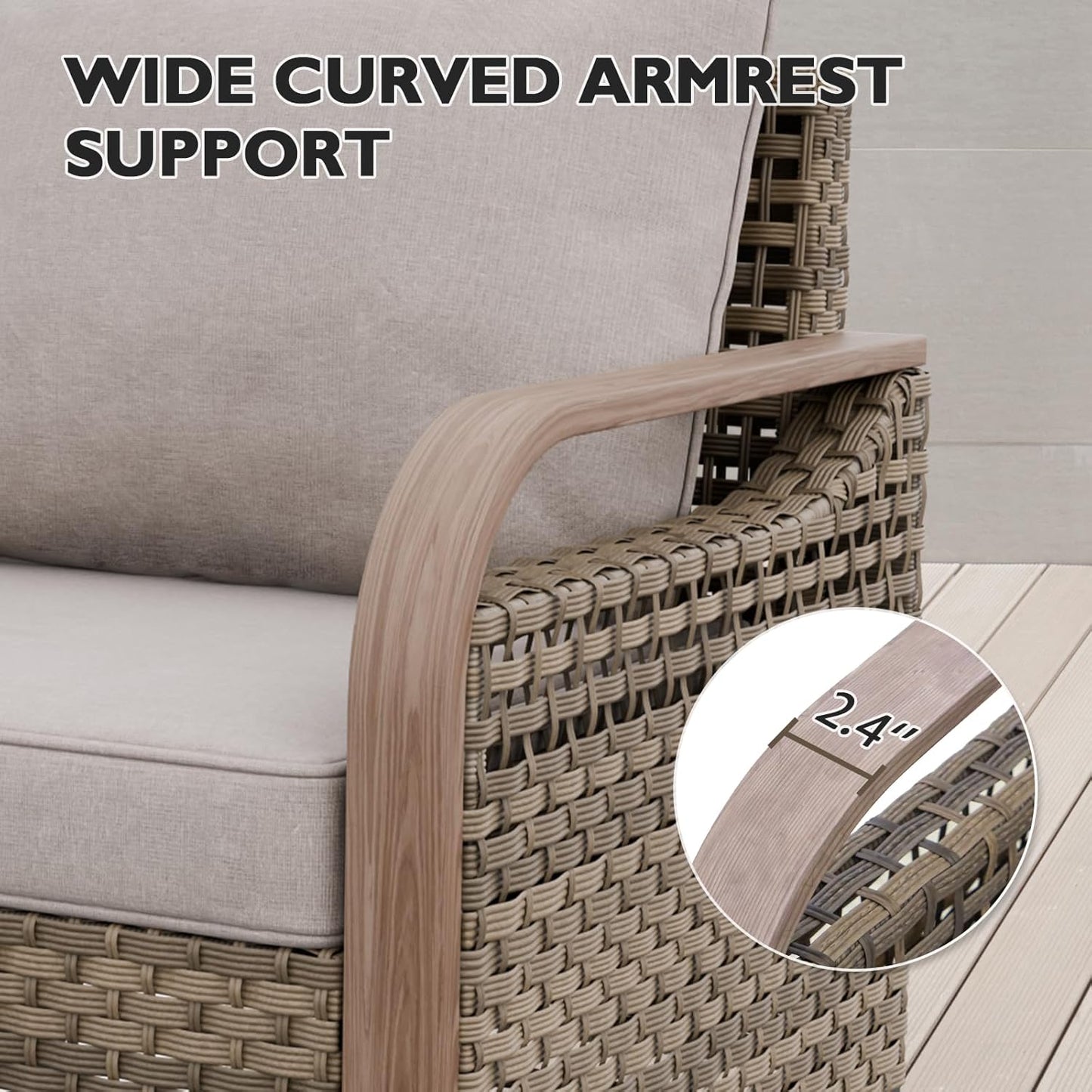 EAGLE PEAK Modern Wicker Outdoor Chair, Patio Chair Curved Armrest, Rattan Patio Furniture for Yard Deck Porch Garden, 2 Chairs, Brown/Gray