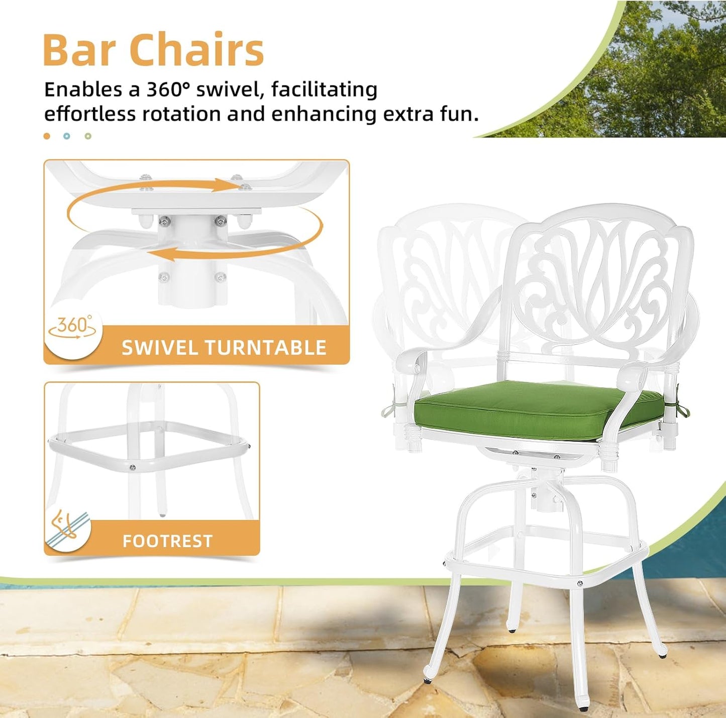 5 Pieces Patio Swivel Bar Set, Patio Bar Table and Chairs Set, All-Weather Cast Aluminum Outdoor Swivel Bar Stools of 4 and 35.4" Round Bar Table, High Top Bistro Set for Deck, Pool, White