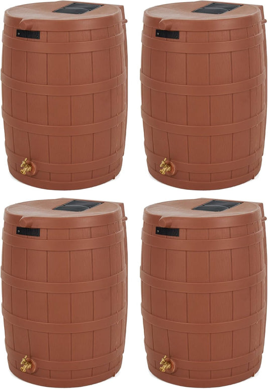 Good Ideas Rain Wizard 50 Gallon Plastic Outdoor Home Rain Barrel Water Storage Collector with Brass Spigot and Flat Back Design, Terra Cotta (4 Pack)