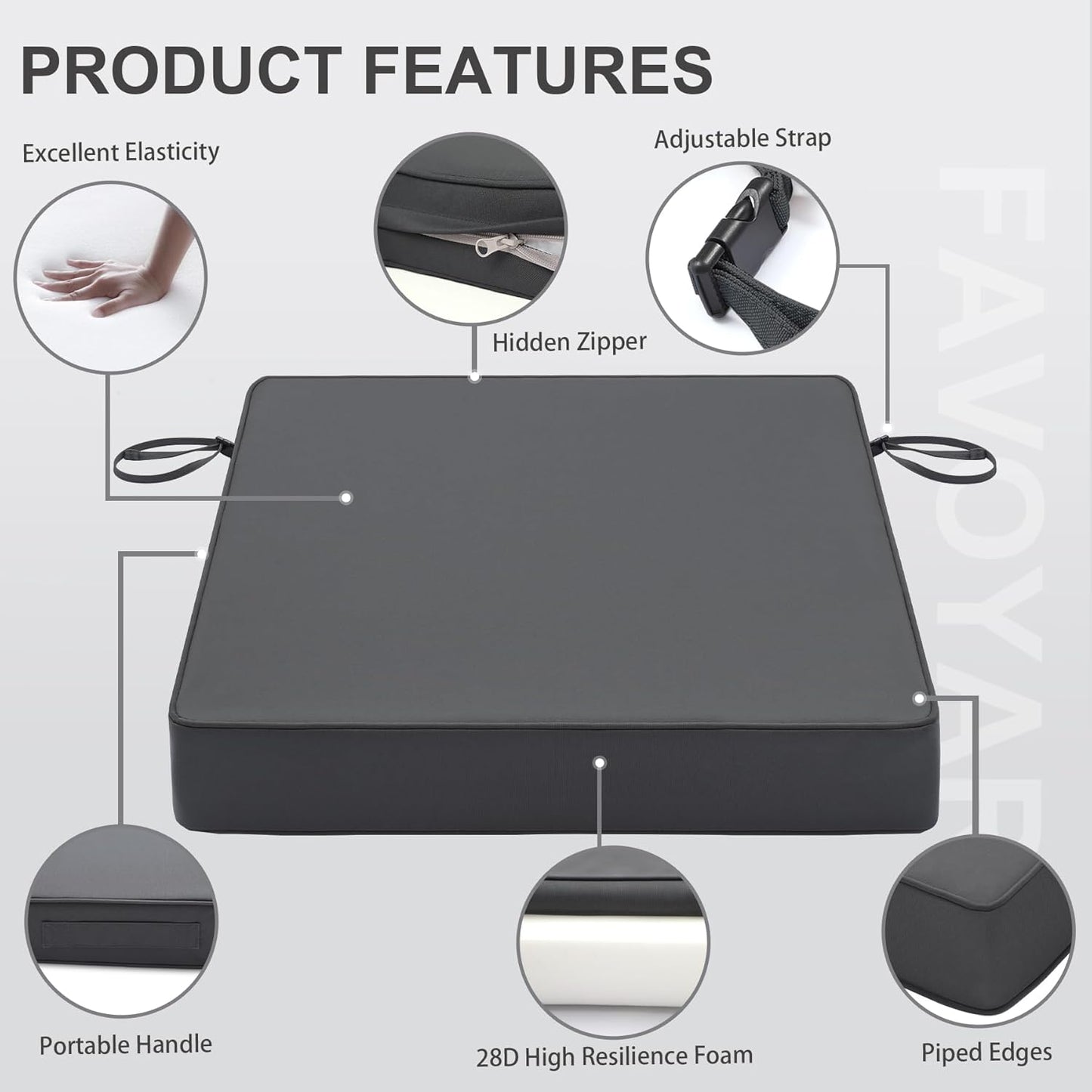 Favoyard Patio Chair Cushions 17 x 16 x 2 Inch Waterproof Outdoor Seat Cushions for Patio Furniture 3-Year Color Fastness Garden Sofa Couch Pads with Handle & Adjustable Straps Set of 2, Dark Grey