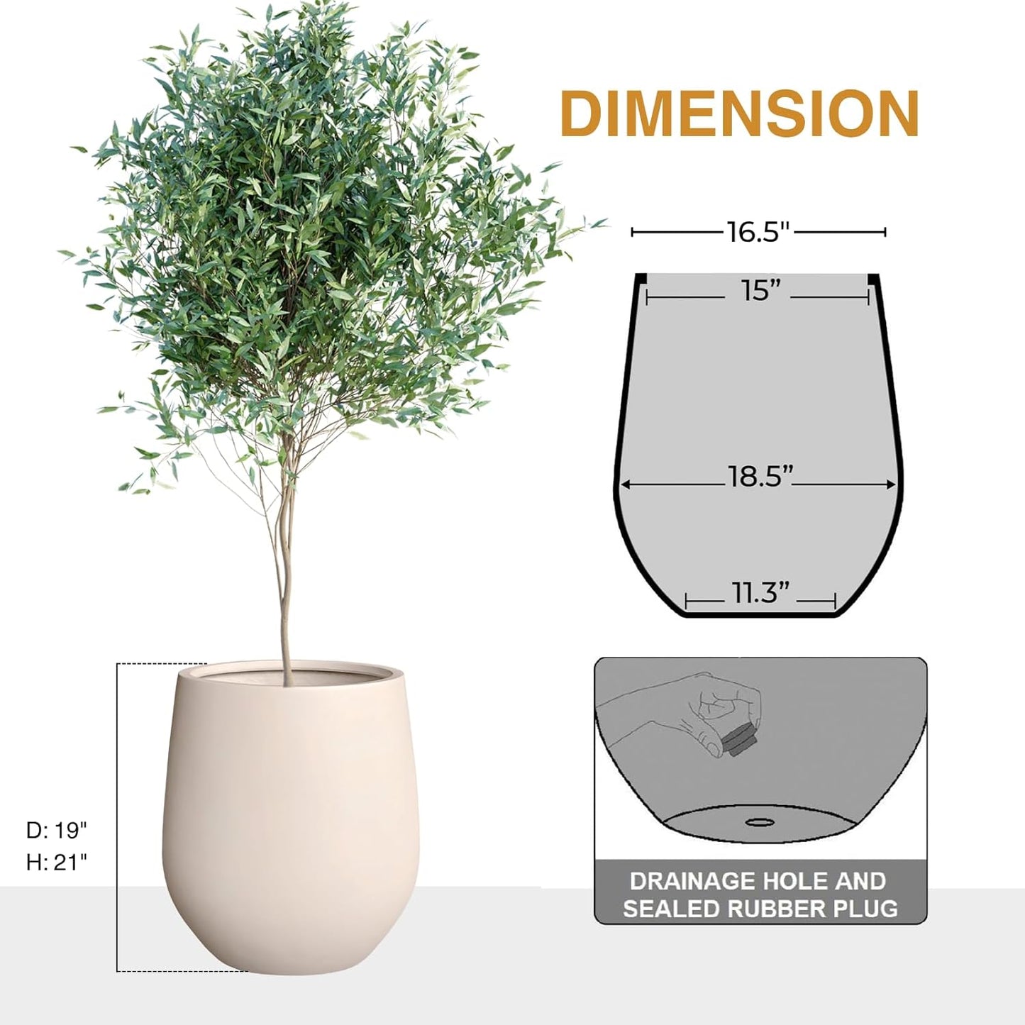 21" H x 19" D Corso Fiberstone Round Tapered Planter with Drainage Hole, Smooth Finishes, Weather Resistant for Indoor and Outdoor Use (Kilim Beige, 15" Pot Opening)