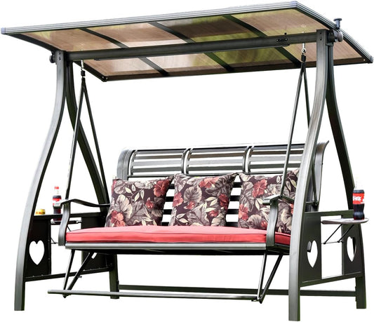 3-Seat Solar Outdoor Patio Swing Chair with Footrest Outdoor Porch Swing with Aluminum Frame Adjustable Tilt Canopy for Poolside Balcony Backyard (Floral Pillow + Red Cushion)