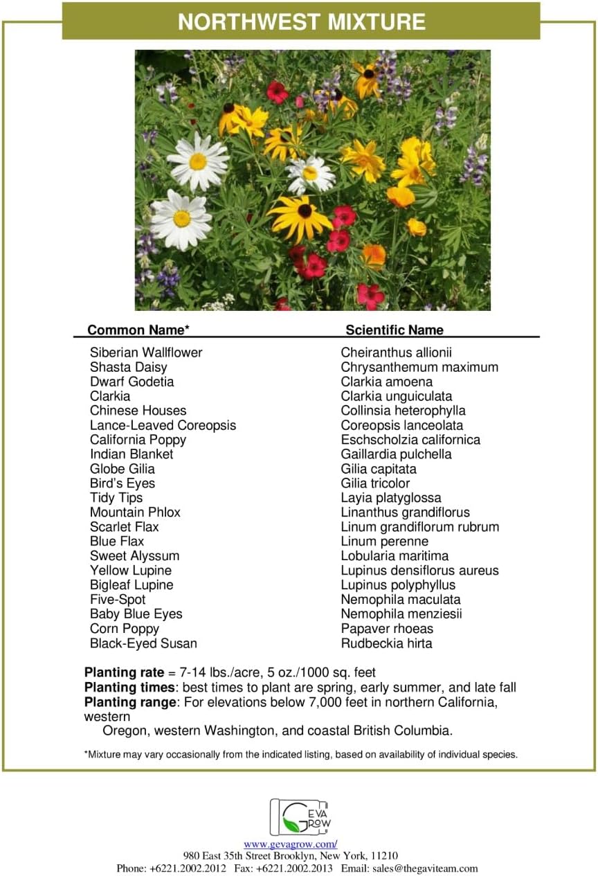 Geva Grow on The Go Seed Shaker - Northwest Wildflower Seeds Regional Mix - Organic, Non-GMO - 100% Pure Seed - 20 Different Wildflowers Seeds of Annual and Perennial, 2oz