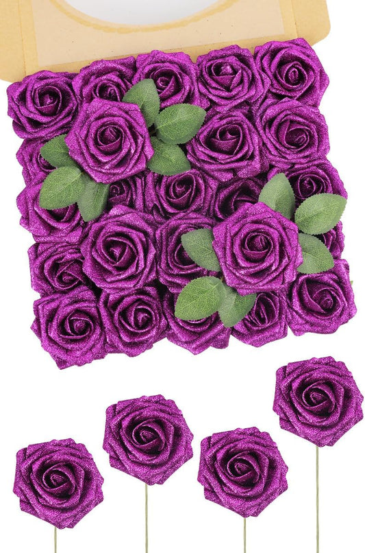 N&T NIETING Artificial Flowers Glowing Purple Flowers Foam 25pcs Glitter Roses Real Looking Fake Roses with Stem for DIY Wedding Bouquets Centerpieces Bridal Shower Party Home Decorations