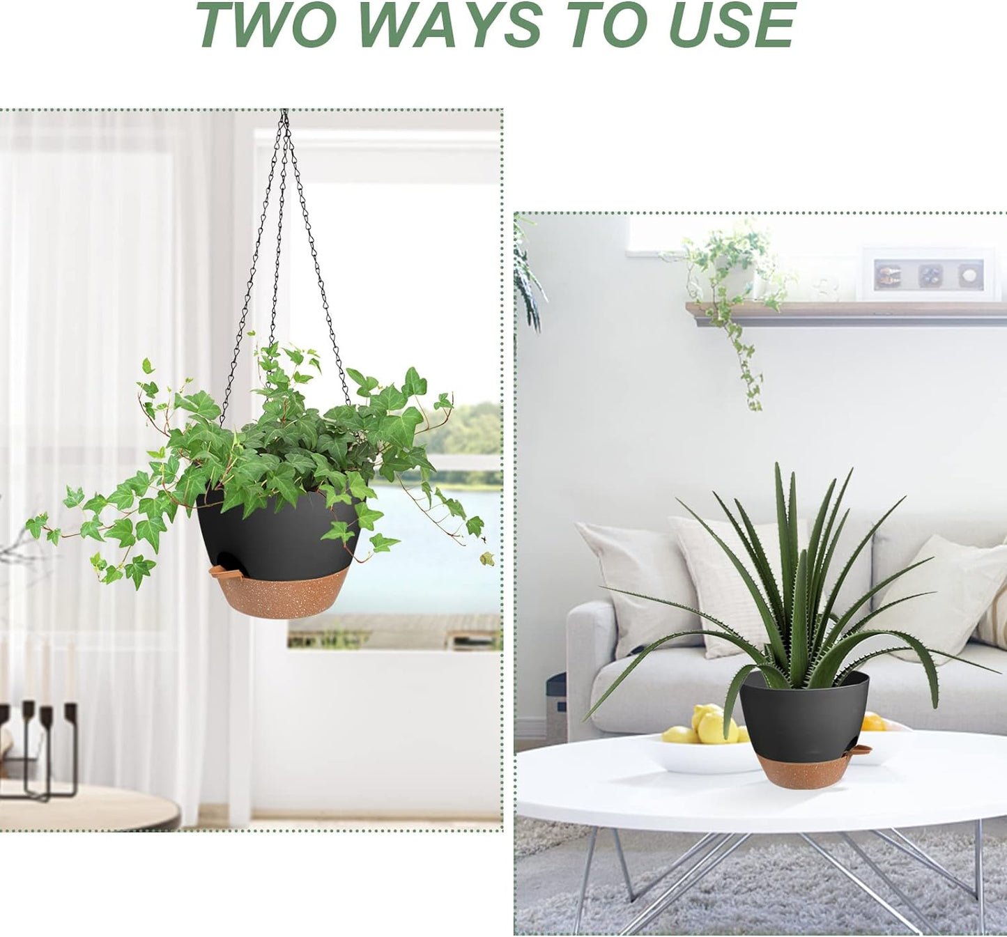 Hanging Planters for Indoor Outdoor Plants, 2 Pack Self Watering Hanging Pot with Drainage Holes & Removable Tray (Black, 6'')