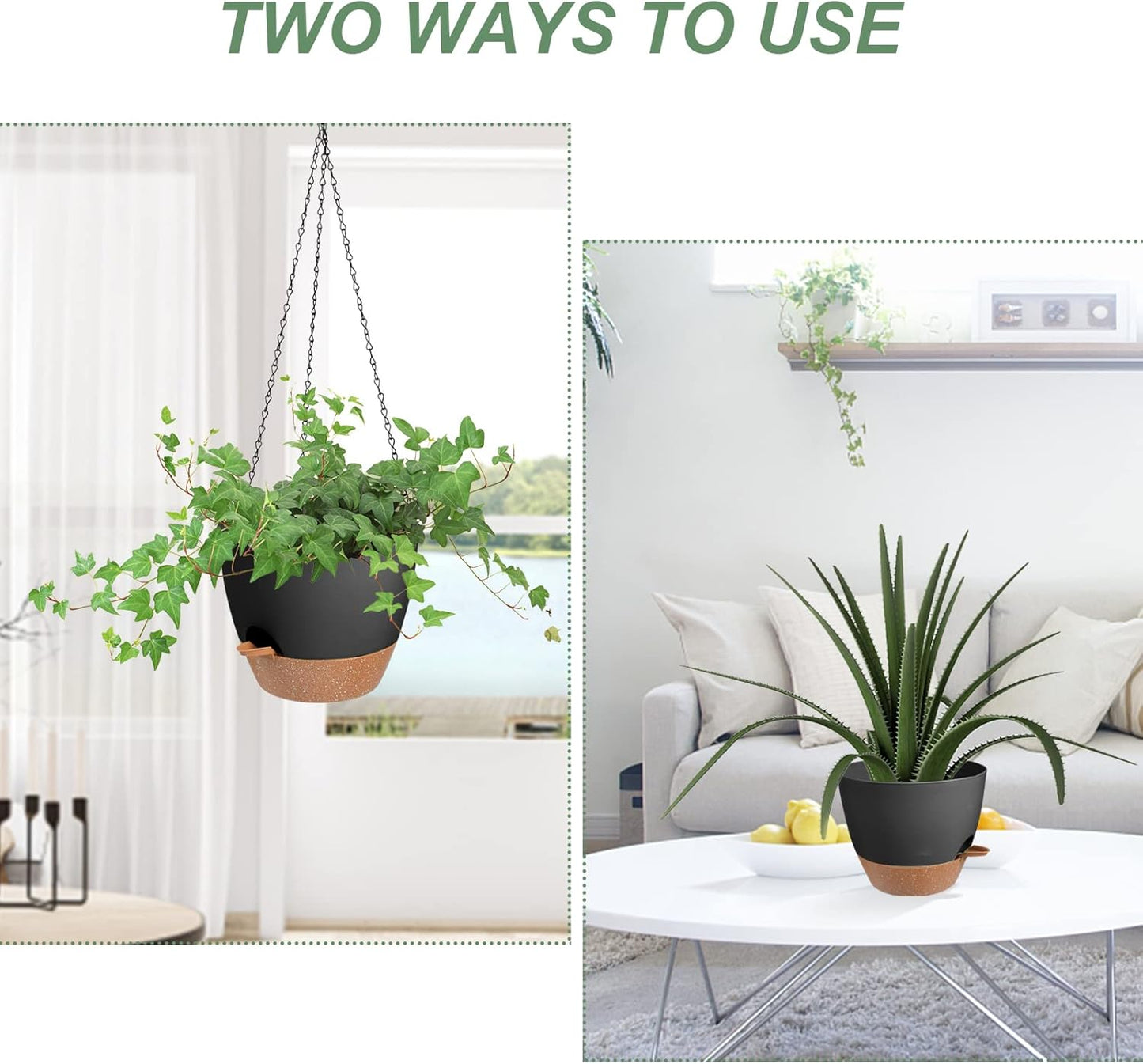 Hanging Planters for Indoor Outdoor Plants, 2 Pack Self Watering Hanging Pot with Drainage Holes & Removable Tray (Black, 8'')