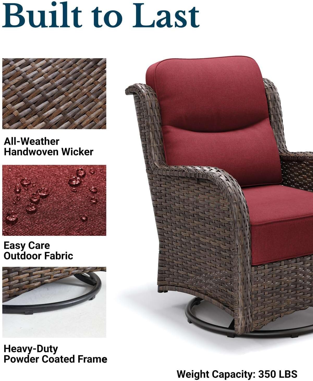 HILLGA Luxury Patio Furniture Set with 6-inch Thick Cushion, Outdoor High Back Swivel Rocker Patio Chairs, 5PCS Wicker Conversation Set for Deck Yard and Poolside, Burgundy (V2)