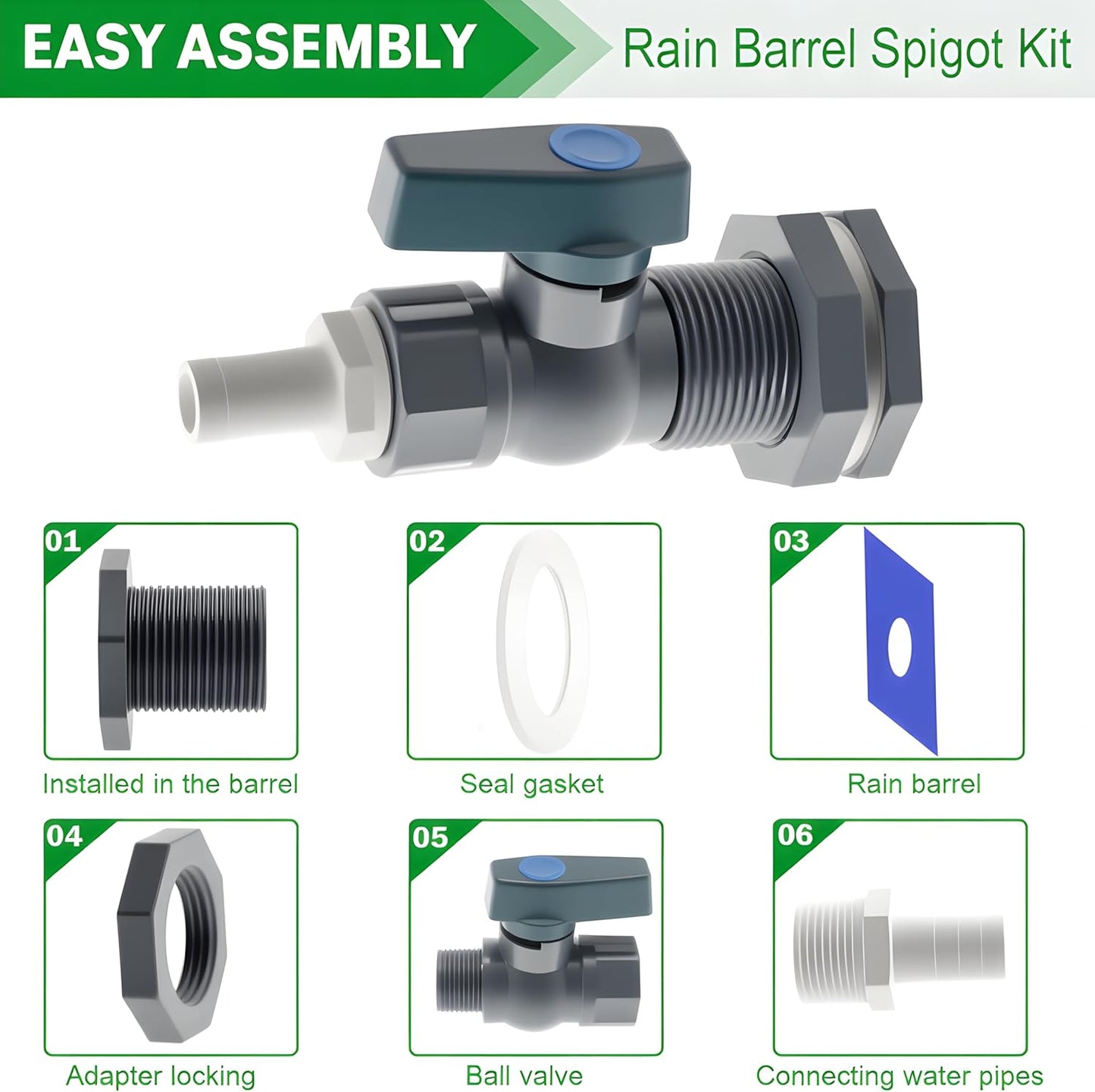 2 Pack 3/4 Rain Barrel Spigot Kit- PVC Rain Barrel Faucet Kit,3/4 Inch Valve with Bulkhead Fitting Hose Faucet Adapter for Water Tanks, Aquariums, Pools, Garden Barrels
