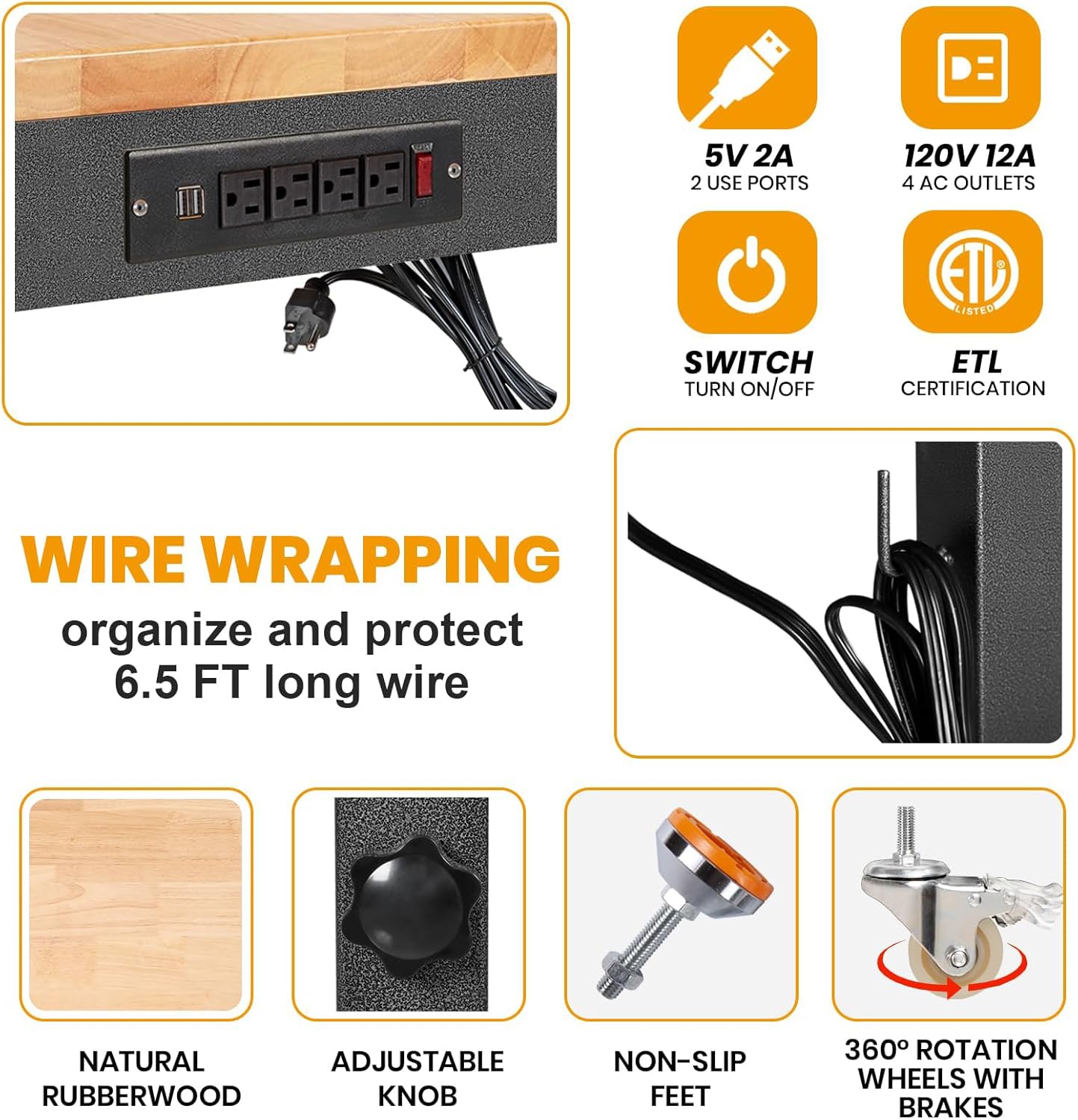 70'' Adjustable Workbench, Rubber Wood Top Work Bench Heavy-Duty Work Table with Socket, Wheels and Fixed Legs 2000 LBS Load Capacity Hardwood Sewing Table for Garage, Workshop, Home, Office
