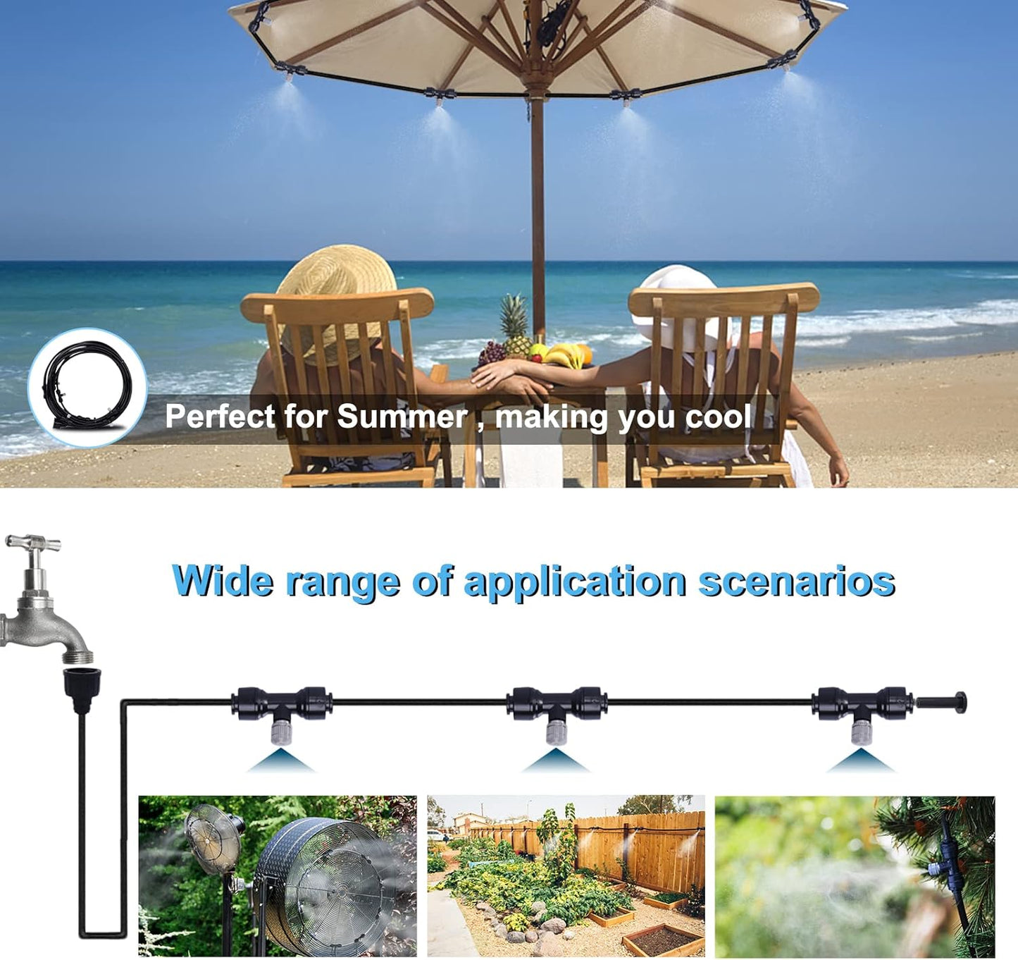 Fogland Misting System: Outdoor Cooling System 32.8FT Misting Cooling System with 10pcs 0.016" Orifice Thread Stainless Steel Mister Nozzle for Patio