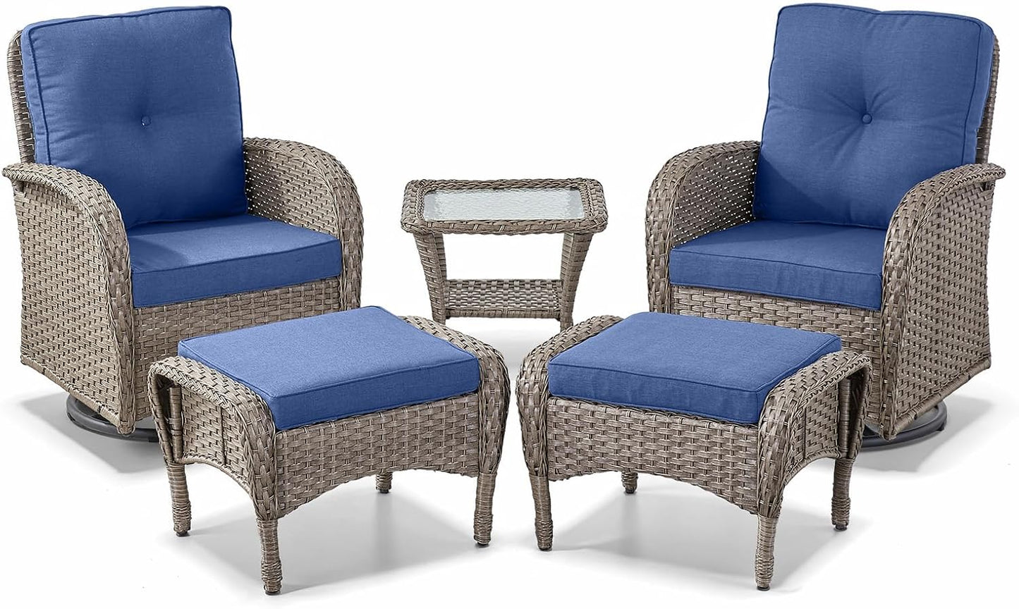5 Pieces Wicker Patio Furniture Set - Swivel Rocker Outdoor Chairs with Ottomans and Side Table, Small Patio Conversation Set for Porch Deck Backyard