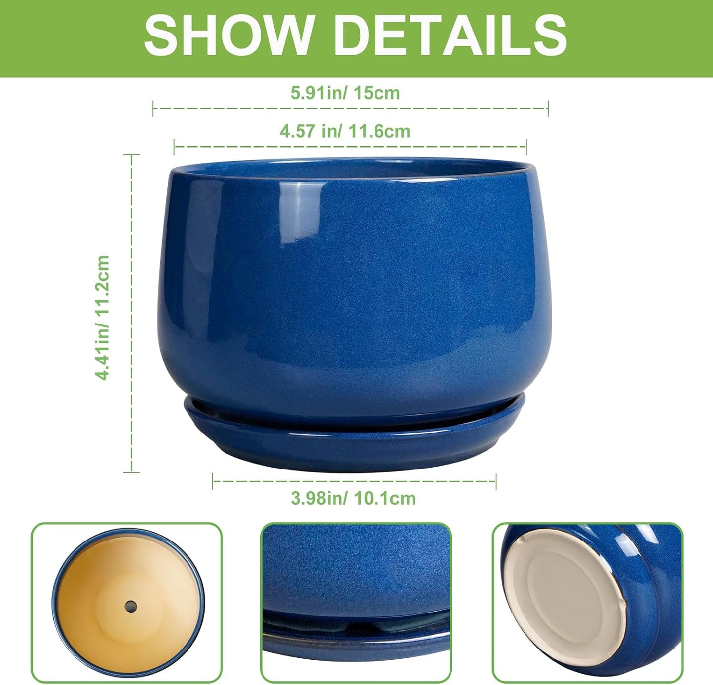 G EPGardening 6 Inch Plant Pot - Round Ceramic Planter Indoor with Drainage and Ceramic Saucer for Flower, Modern Desk Decor, Modern Garden Gift, Blue