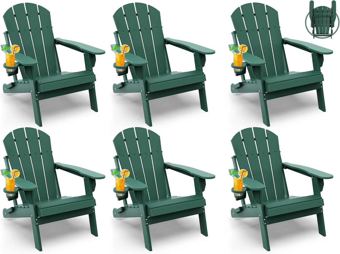 GREENVINES Folding-Adirondack-Chairs-Set-of-6 | HDPE Plastic | Fire Pit Chair | All Weather | Cup Holder | Forest | for Deck Backyard Patio Outdoor Garden